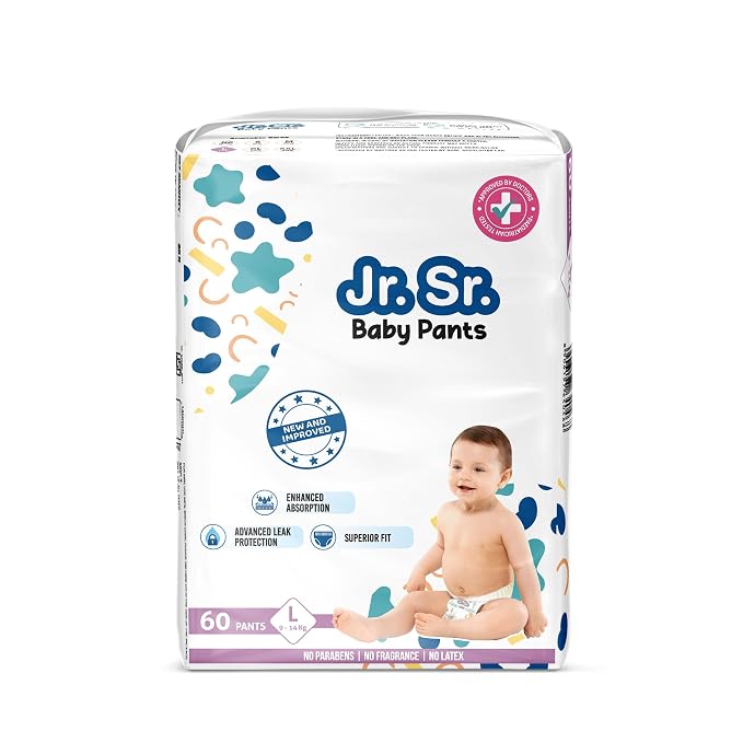 Jr. Sr. Baby Diaper Pants | Large (L) Size (9-14 kg), 60 Count | Pack of 1 | Upto 12 hr Absorption with Advanced Leak Protection | Safe For Babies Skin | Soft, Secure & Comfy