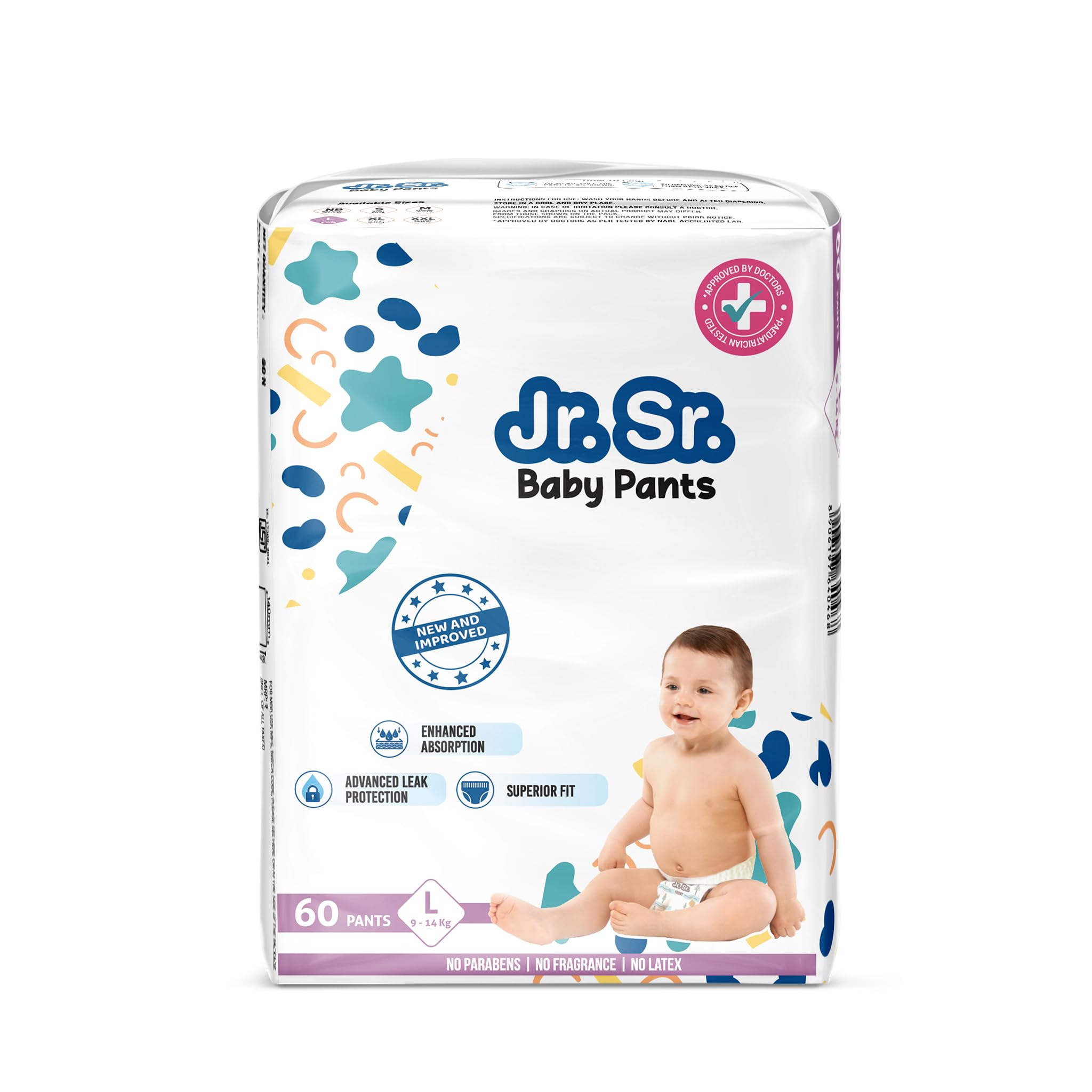 Jr. Sr. Baby Diaper Pants | Large (L) Size (9-14 kg), 60 Count | Pack of 1 | Upto 12 hr Absorption with Advanced Leak Protection | Safe For Babies Skin | Soft, Secure & Comfy-image-3