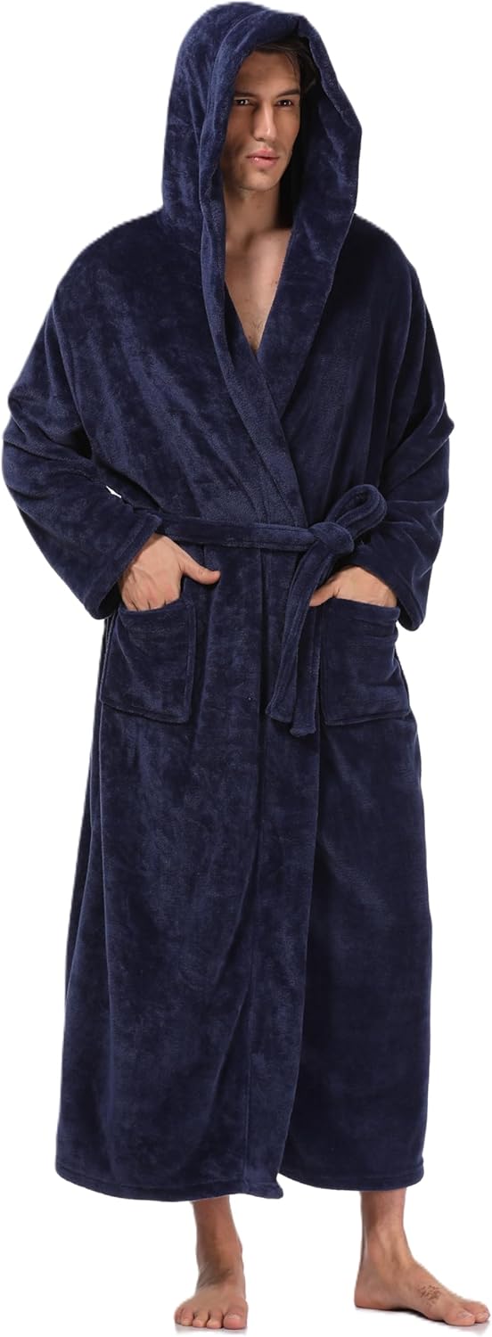 Men's Plush Hooded Bathrobe Winter Warm Fleece Robes Soft Flannel Long Robes with Pockets, Full Length - Image 4