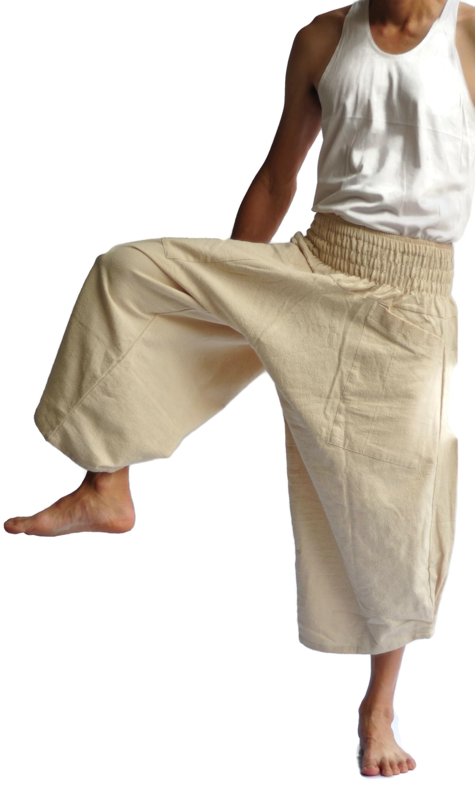 Men’s Thai Fisherman Harem Pants – Cotton Yoga Pants with Elastic Waistband & Pockets – Boho Lounge Trousers for Meditation, Casual Wear, Beach & Travel