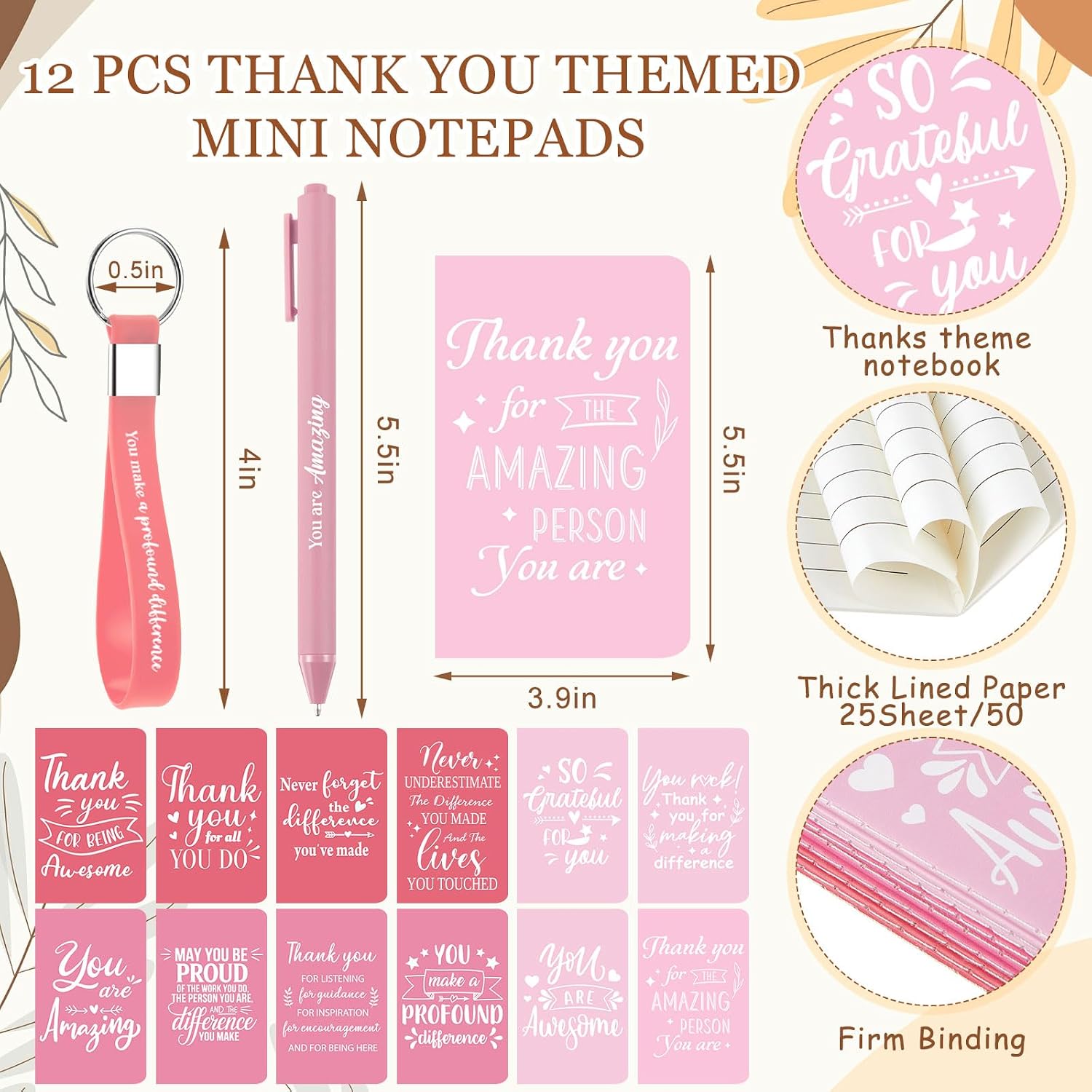 Hollowfly 12 Sets / 48 Pcs Inspirational Appreciation Gifts Thank You for Coworkers, 24 oz Plastic Cup with Lid Straw Notebooks Ballpoint Pens Keychain Associate Appreciation Gifts (Gradient Pink)