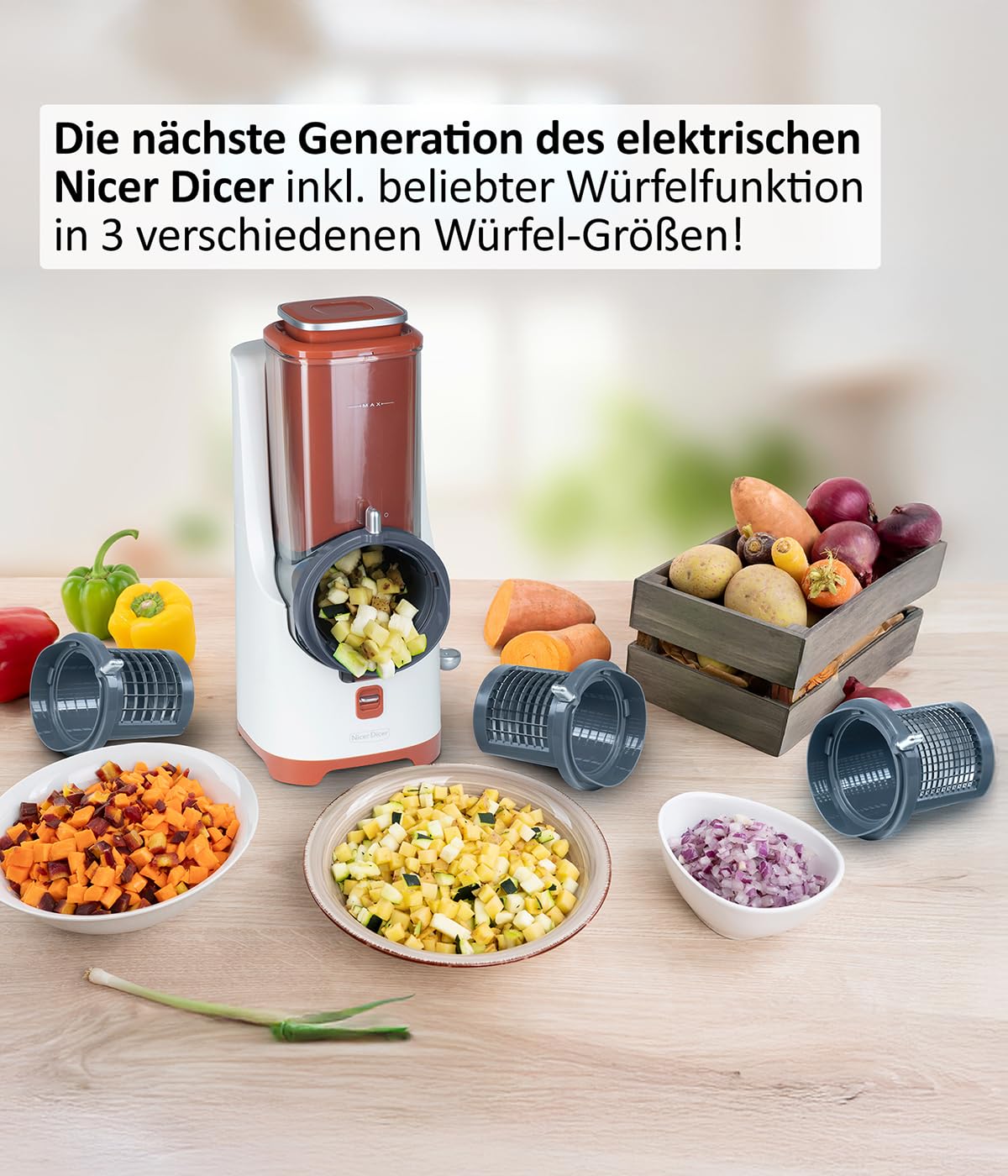 Genius Nicer Dicer Electro PRO Set 32-tlg., terracotta, Gemüseschneider elektrisch mit 9 Einsätzen zum Reiben, Hobeln, Würfeln & Schneiden, extra-scharfe Klingen, einfache Reinigung, leistungsstark