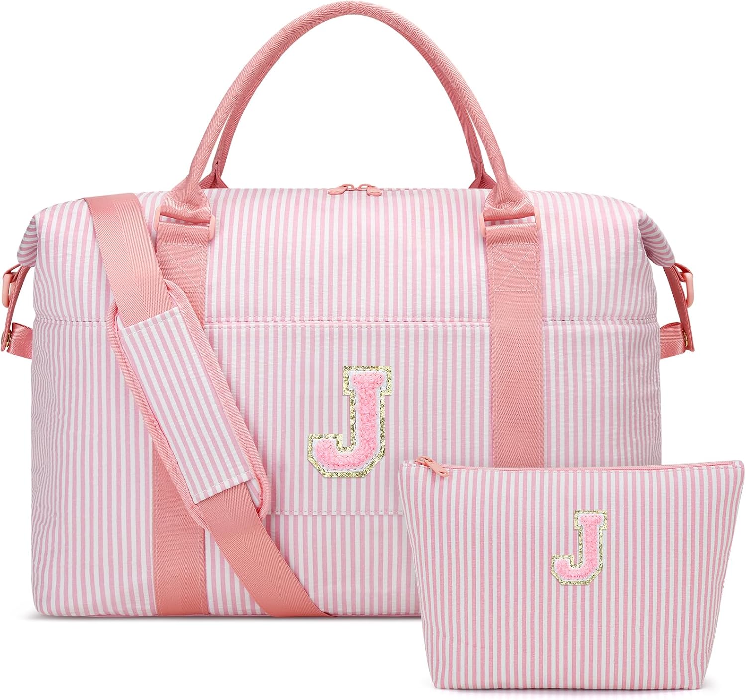 Birthday Gifts for Teen Girl, Personalized Dance Travel Duffel Bag for Girls Women, Cute Initial Overnight Weekender Gym Bag with Makeup Pouch（Pink,J)