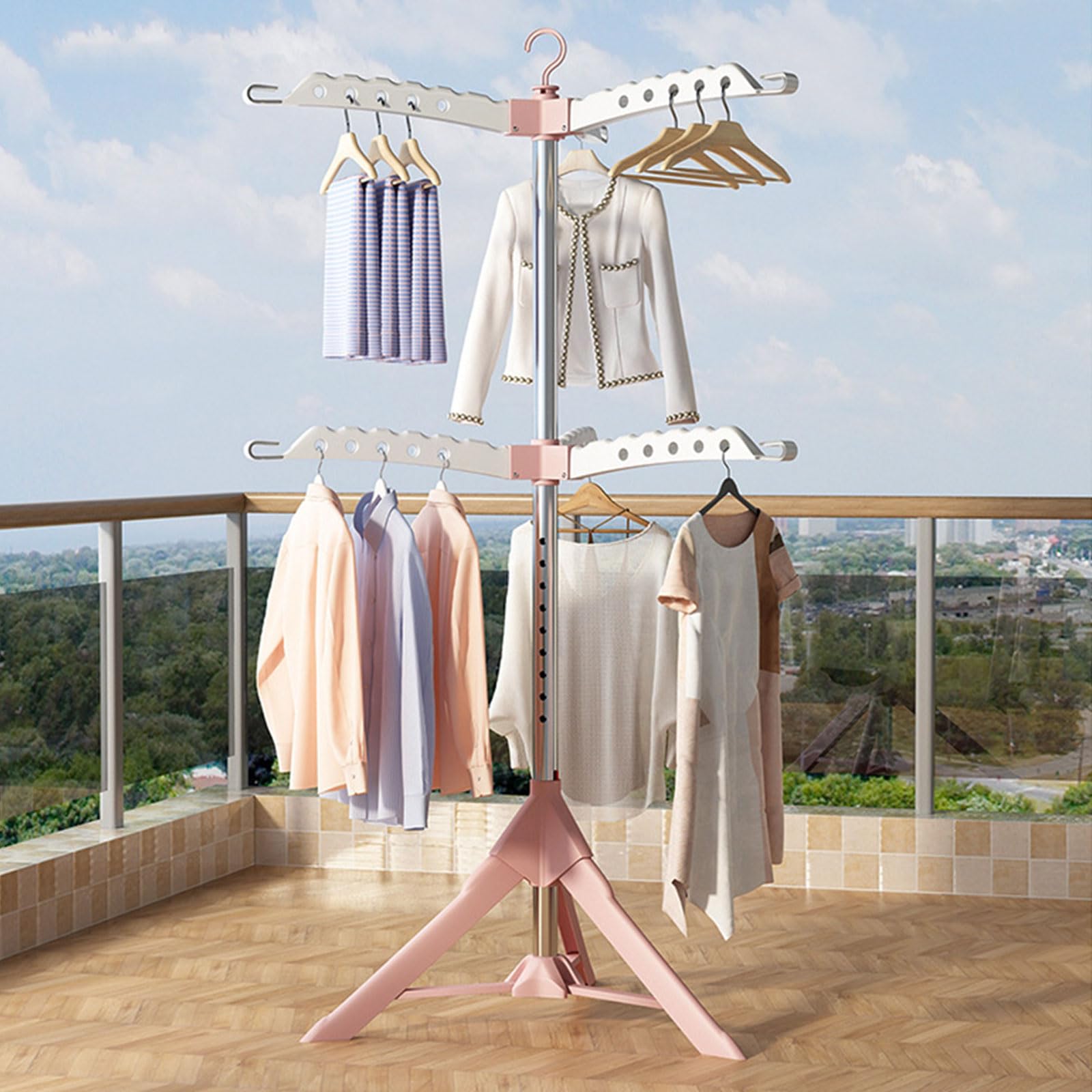 Séchoir à linge rétractable rose pliable au sol avec hauteur réglable