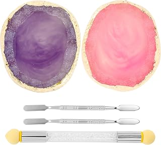 2 Pcs Resin Nail Art Palette with UV Gel Gradient Sponges Pens and Spatula, Gold Edge Gel Nail Polish Mixing Palettes, Makeup Color Pallet, Portable Nail Design Kit for Manicure DIY Tools(Pink&Purple)