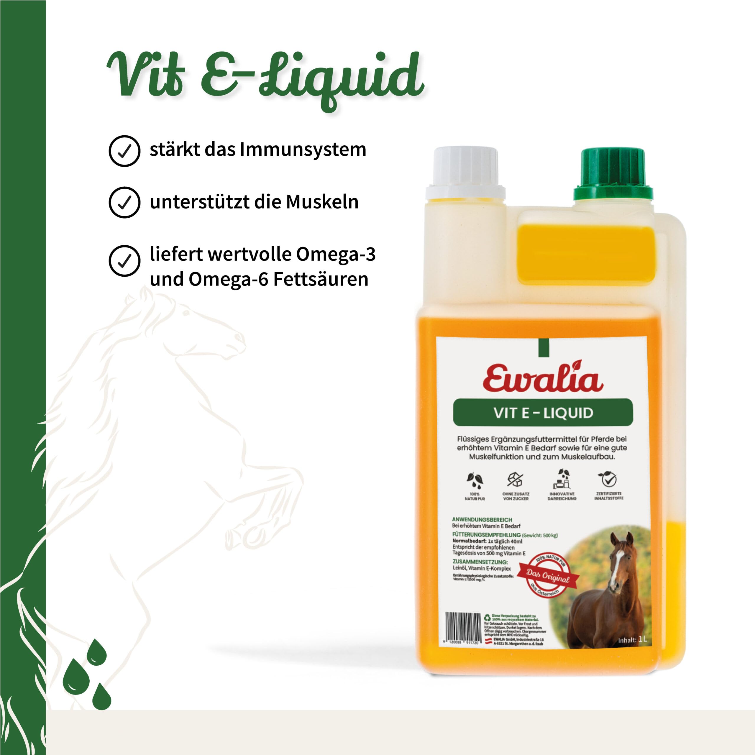 Ewalia Vitamine E, soutien puissant pour les muscles et la vitalité, vitamine E naturelle pour votre cheval, développée avec des vétérinaires, 100 % naturelle, sans additifs, 1 l