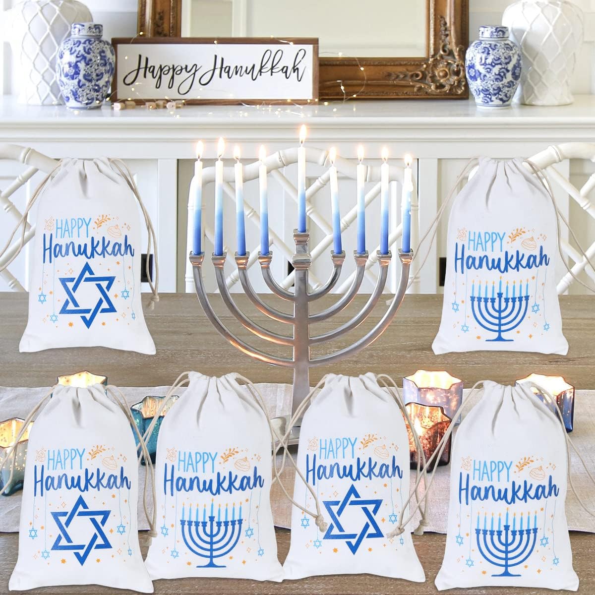 10pcs Hanukkah Gift Bag Happy Hanukkah Cotton Bags 5*8inches Hanukkah Drawstring Candy Gift Bag Happy Hanukkah Party Decorations Chanukah Holiday Decors for Hanukkah Party Wedding Birthday Decorations