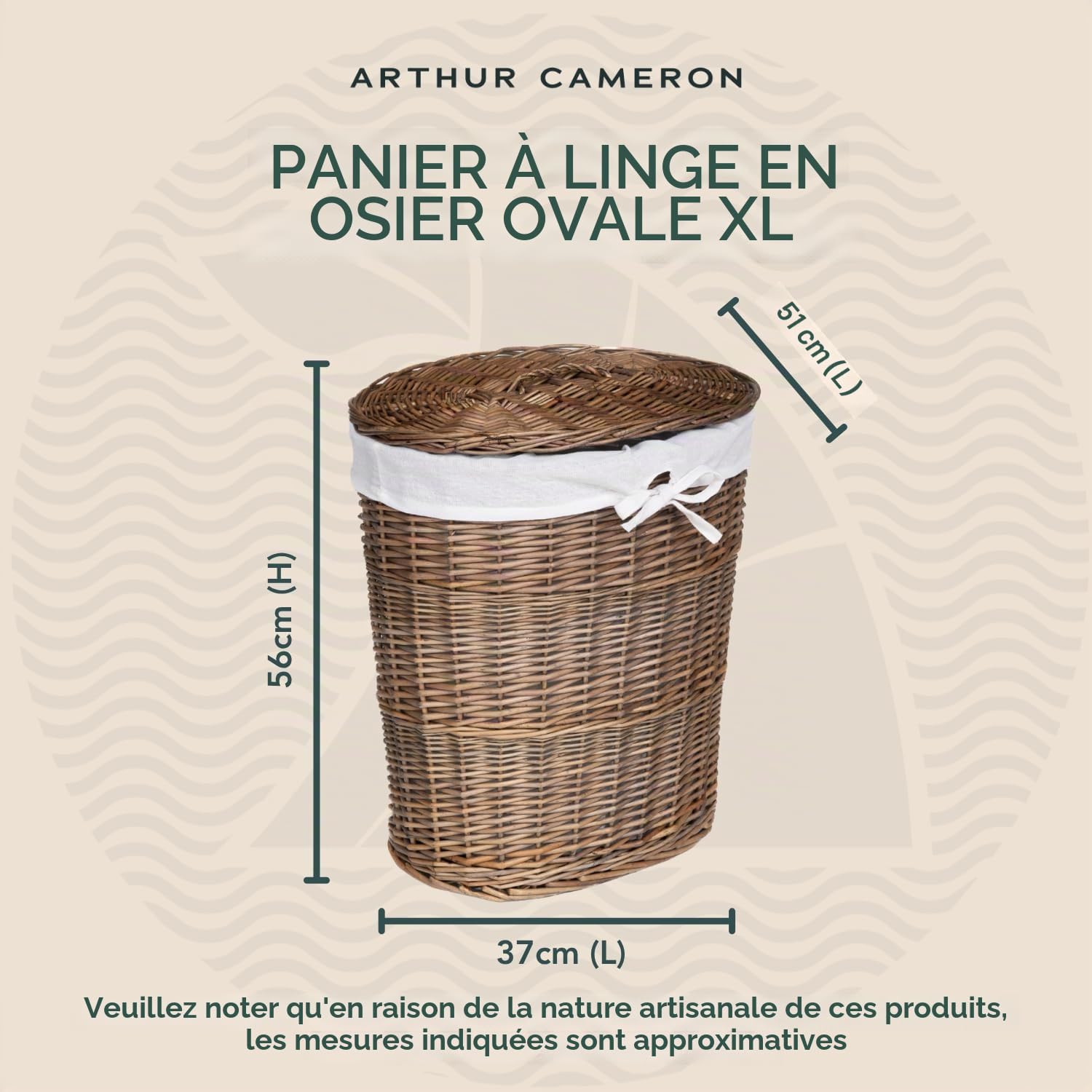 Arthur Cameron Panier à linge ovale de luxe en osier avec couvercle (Grand, Marron distillé)