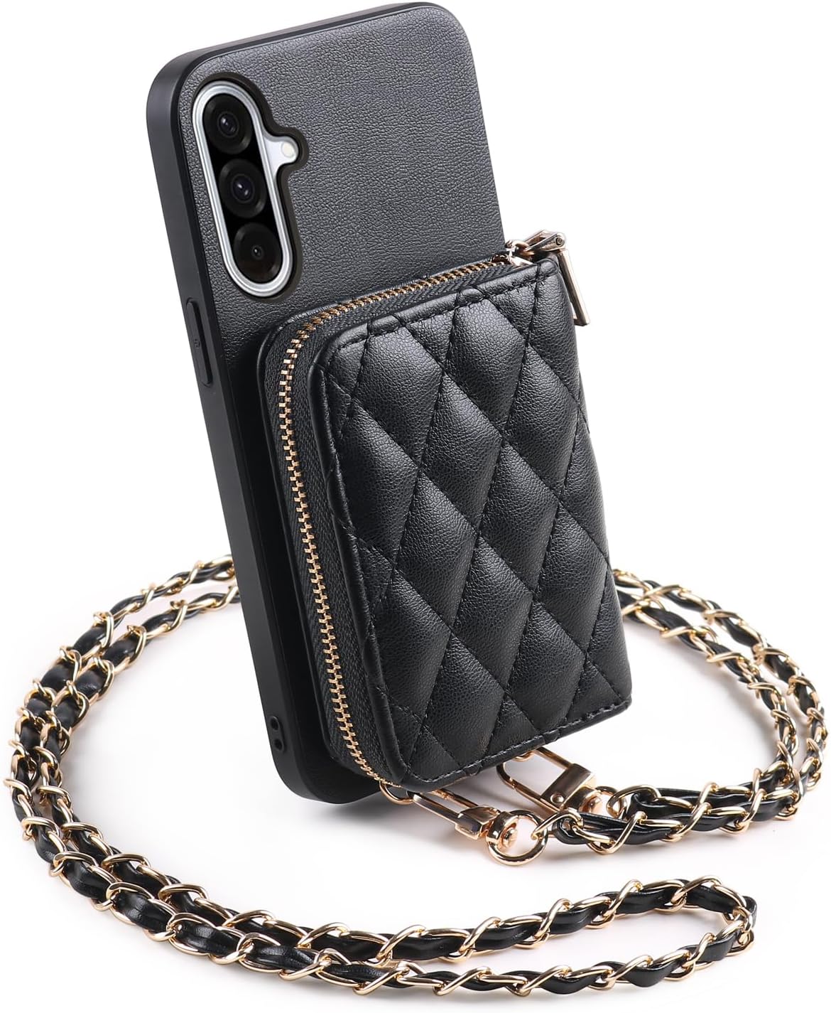 Argyle Wallet Cover for Samsung Galaxy A17 5G with Tempered Glass Screen Protector Shoulder Strap, Luxury PU Leather Zipper Organ Card Holder Stand Phone Case for A 17 17A 4G Women Girls Black