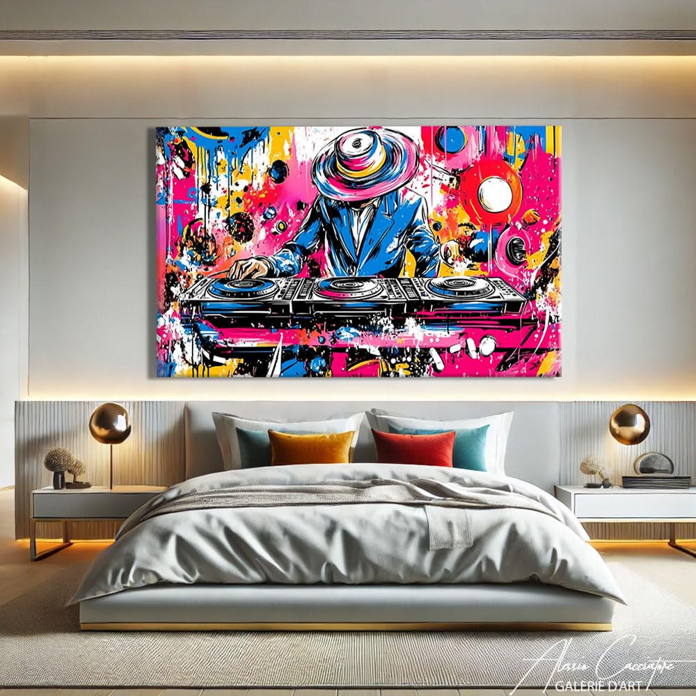 Alessio Cacciatore Quadro Street Art Pop Culture - Decorazione da parete per soggiorno, musica, tela Dj - Quadro Pop Art con cornice Xxl - decorazione da parete per camera da letto - idea regalo Dj