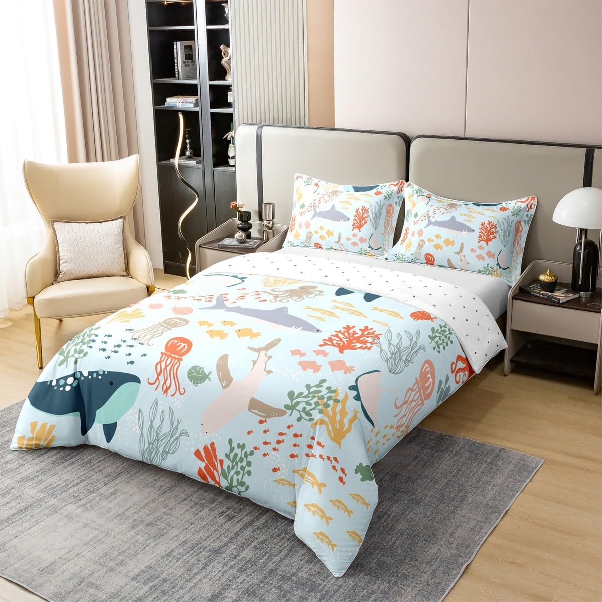 Sea Whale Shark 100% Cotton Duvet Cover Full,Colorful Coral Fish Bedding Set 3Pcs,Ocean Animal Plant Comforter Cover Kids Teens Girls Boys Room Decor,Blue Tropical Ocean Quilt Cover,2 Pillowcases