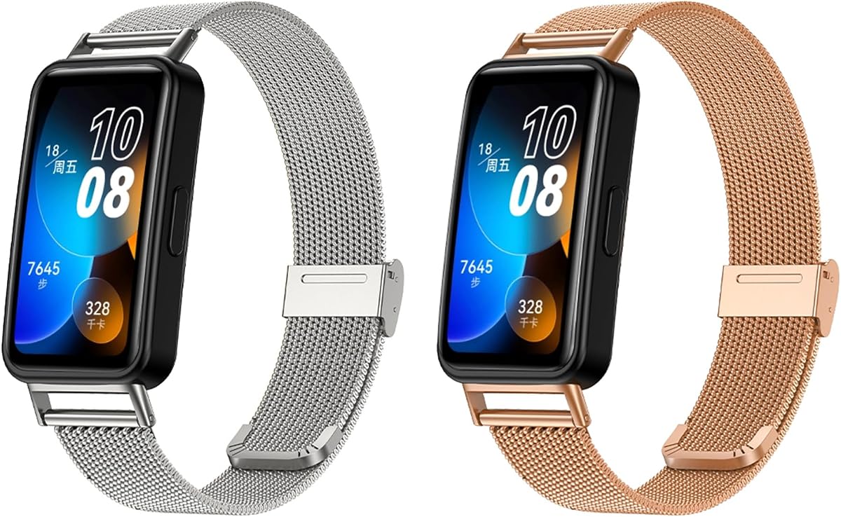 Stainless Steel Mesh Metal Sport Bands, Compatible with Huawei Band 8 Smartwatch, Adjustable Watch Strap for Women & Men