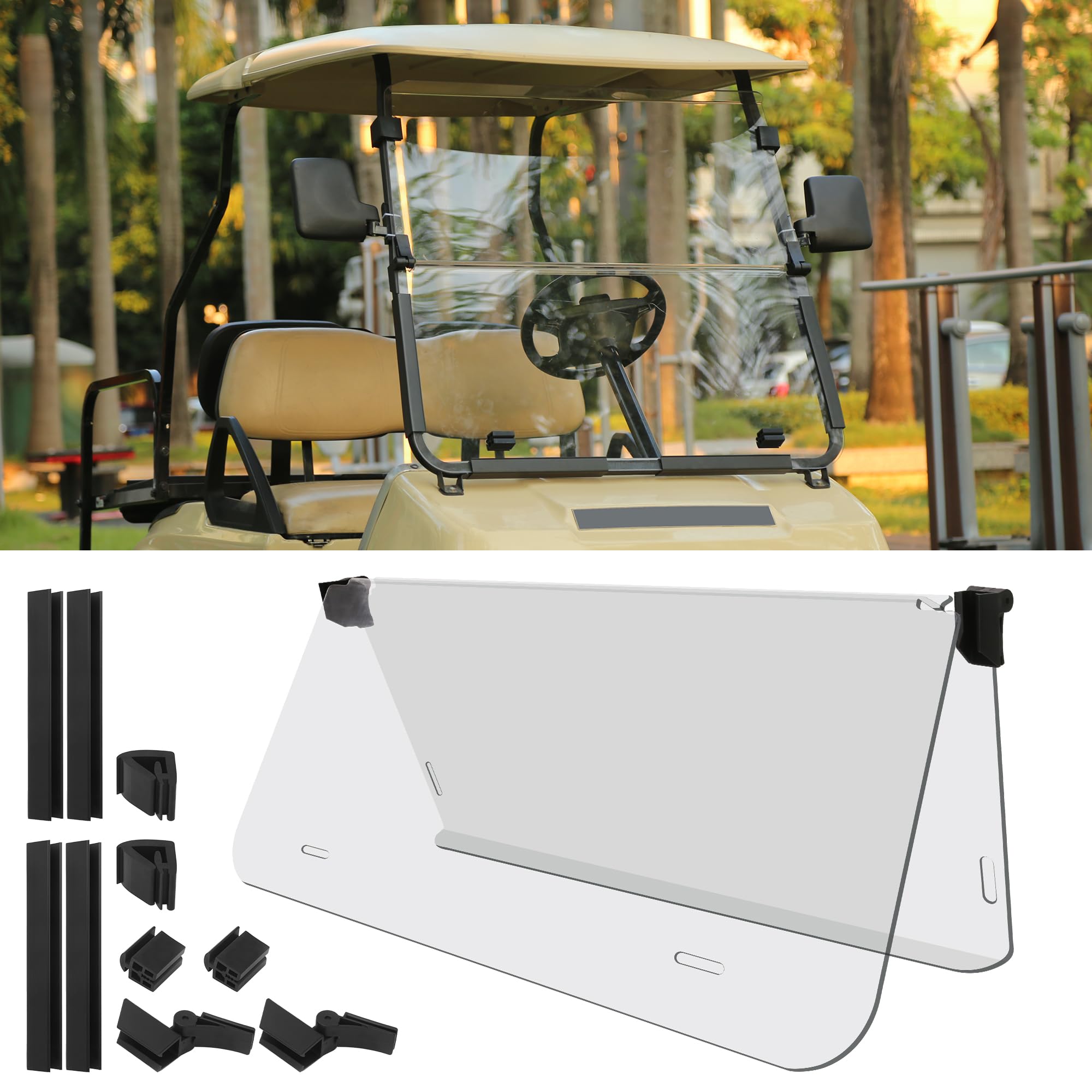 10L0L Windshield for 1982-2000 Club Car DS Golf Cart Shatterproof & Windproof Clear HD Fold Down Style Durable