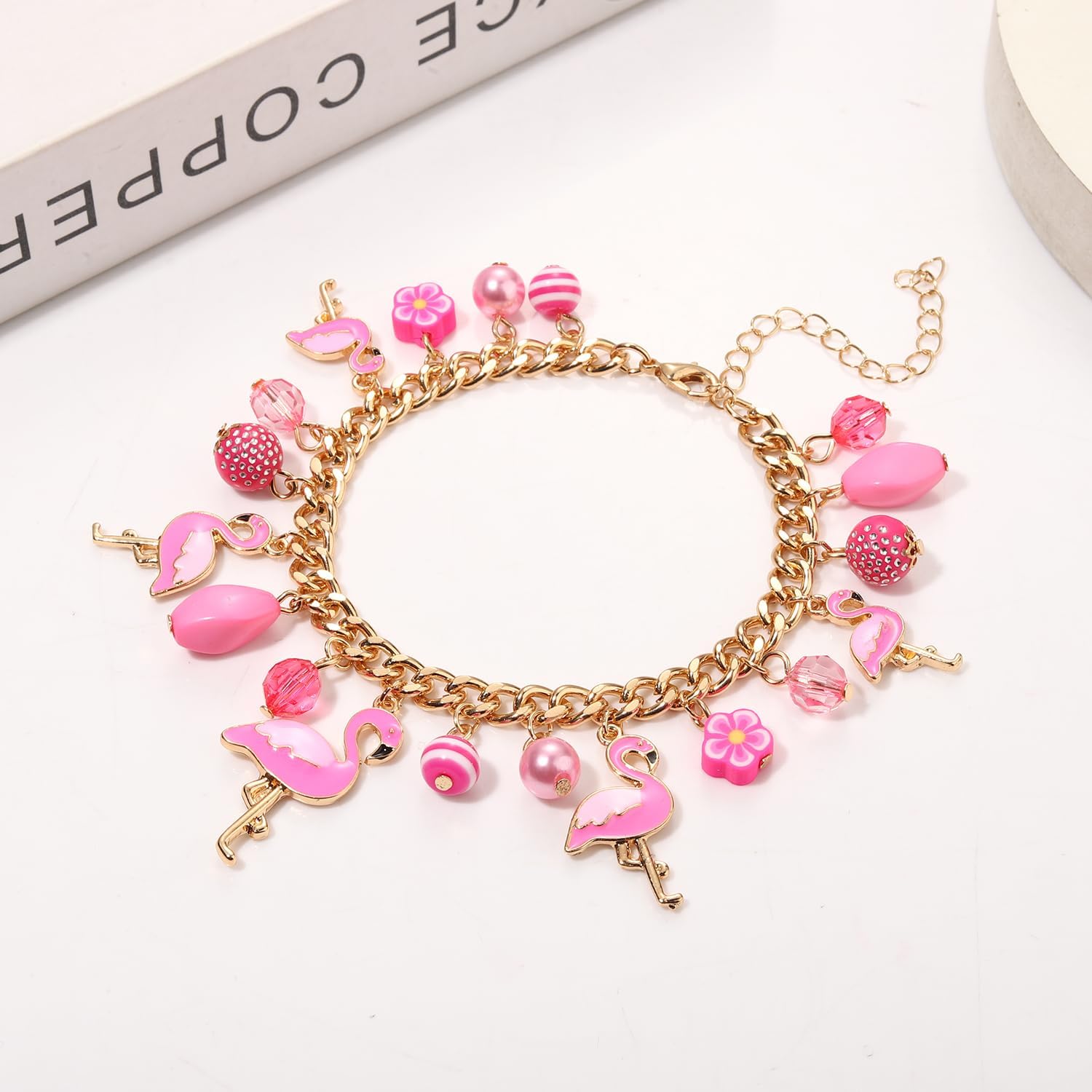 Pink Flamingo Charm Bangle Bracelet Funny Animal Tropical Bird Pearl Beads Link Chain Friendship Bracelet Hawaii Summer Beach Vacation Jewelry