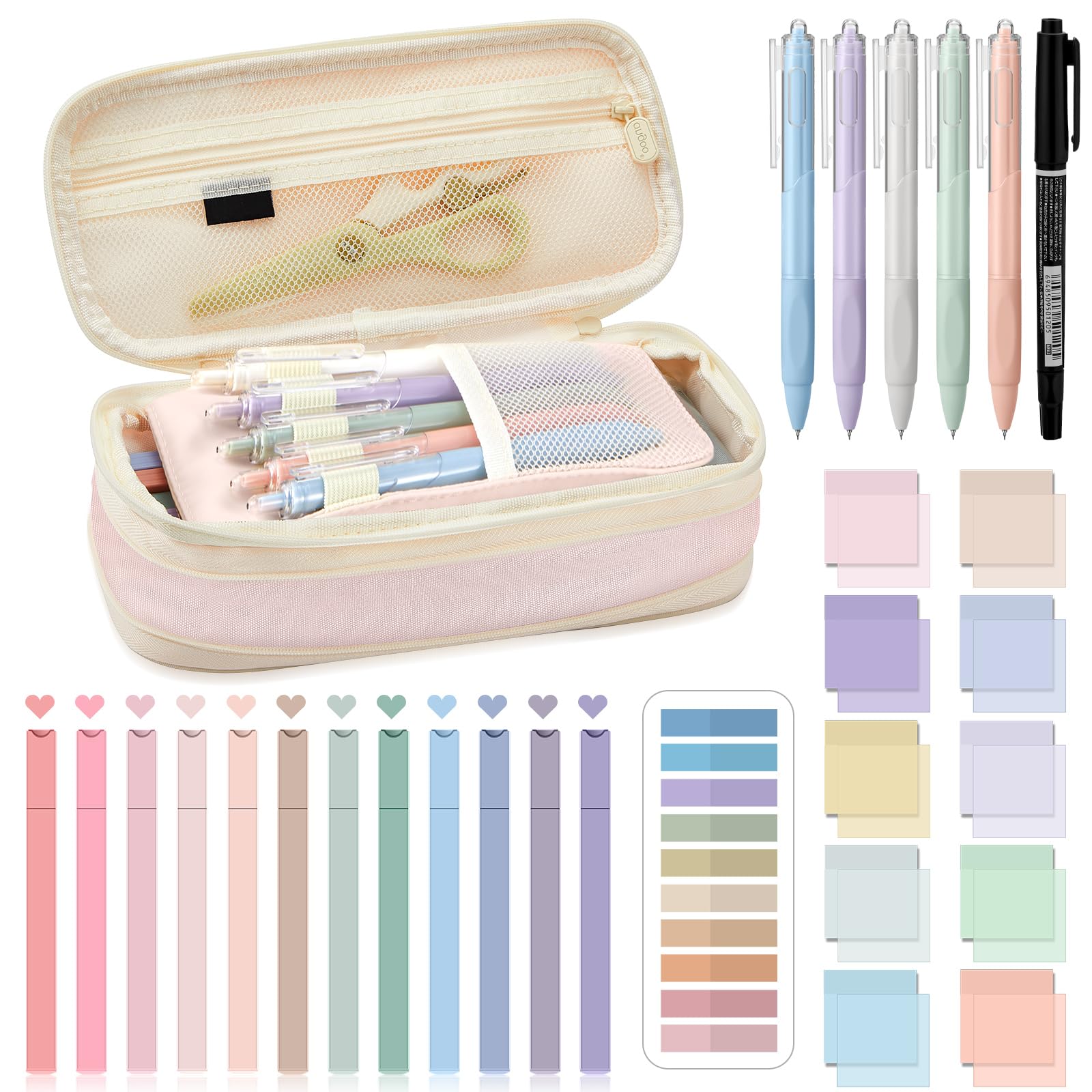 Jutom 39 Pcs Aesthetic Book Annotation Kit Highlighter with Pencil Case Bag Gel Pen Transparent Sticky Note Taking Bible Study College School Supplies(Pink,Cute Style)