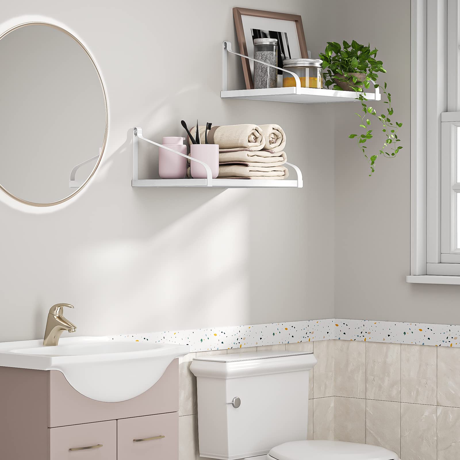 Love-KANKEI Floating Shelves Wall Mount Rustic Solid Wood Wall Shelves with Large Storage L16.5 x W12 inch for Kitchen Living Room Bathroom Bedroom Set of 2 White and White Brackets