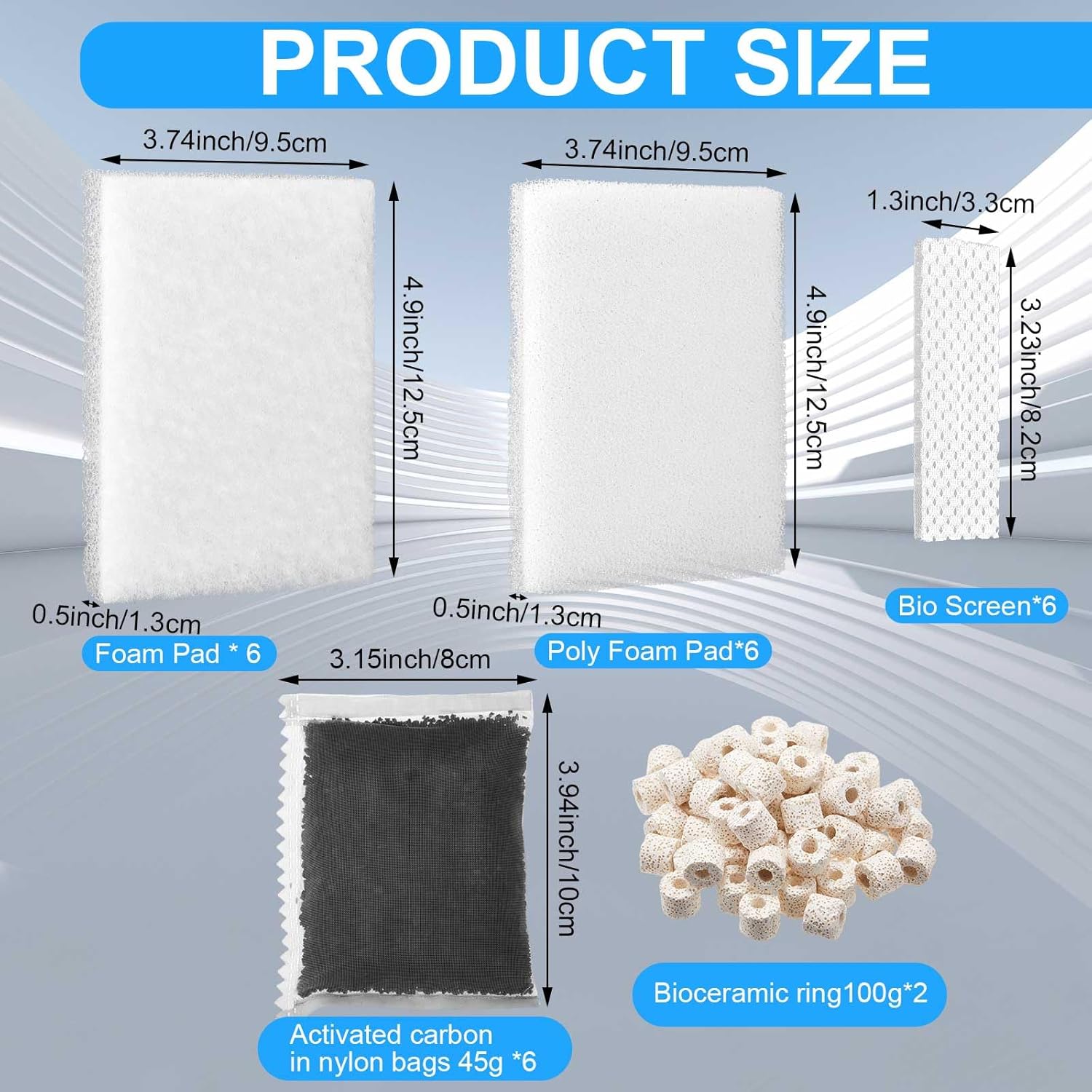 Threlaco 26 Pcs Aquarium Filter Media Kit Compatible with Fluval C2 (30 Gal) Power Filter, 6 White Foam Sponge Pad, 6 Poly Foam Pads, 6 Bio-Screen, 6 Activated Carbon, 2 Pack 3.5 oz/100g Ceramic Ring