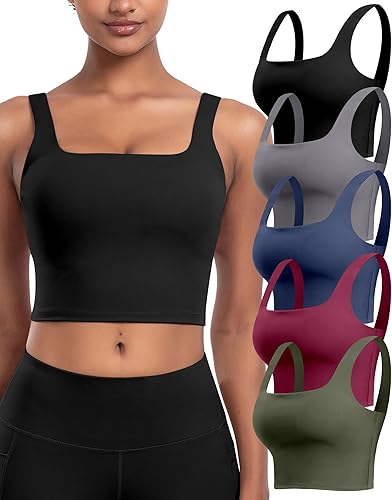 Sujetadores deportivos para mujer, paquete de 5 unidades, cuello cuadrado, camiseta corta sin mangas acolchada para yoga con almohadillas integradas