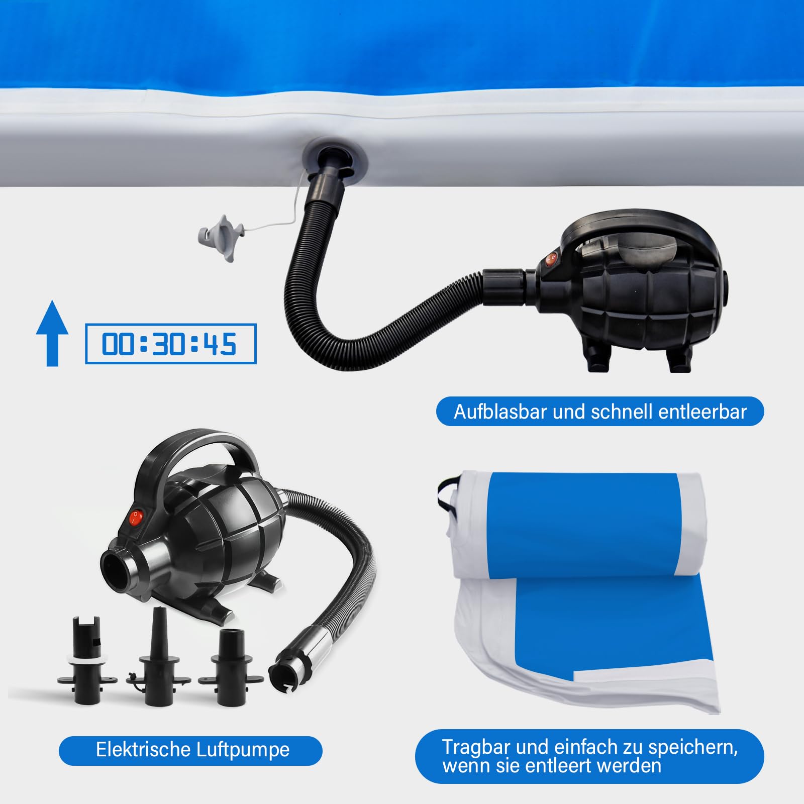 AKSPORT Tappeto Gonfiabile per Ginnastica da 3/4/5/6 metri Air Track Ginnastica Artistica 10/20 cm con Pompa Elettrica per Casa, Campeggio, Palestra,Formazione,Cheerleading