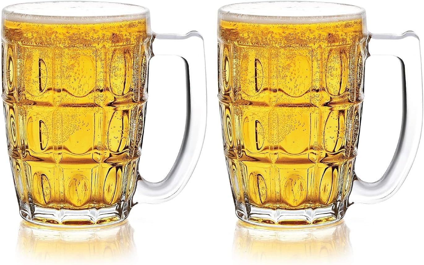 Beer Mug | Petal Bottom Embossing Design | Beer Mug with Handle | Classic Beer Glasses | Premium | Heavy | Perfect for Cider,Cocktails,Mocktails | Gift Set | Set of 2 (Executive- 335 M)