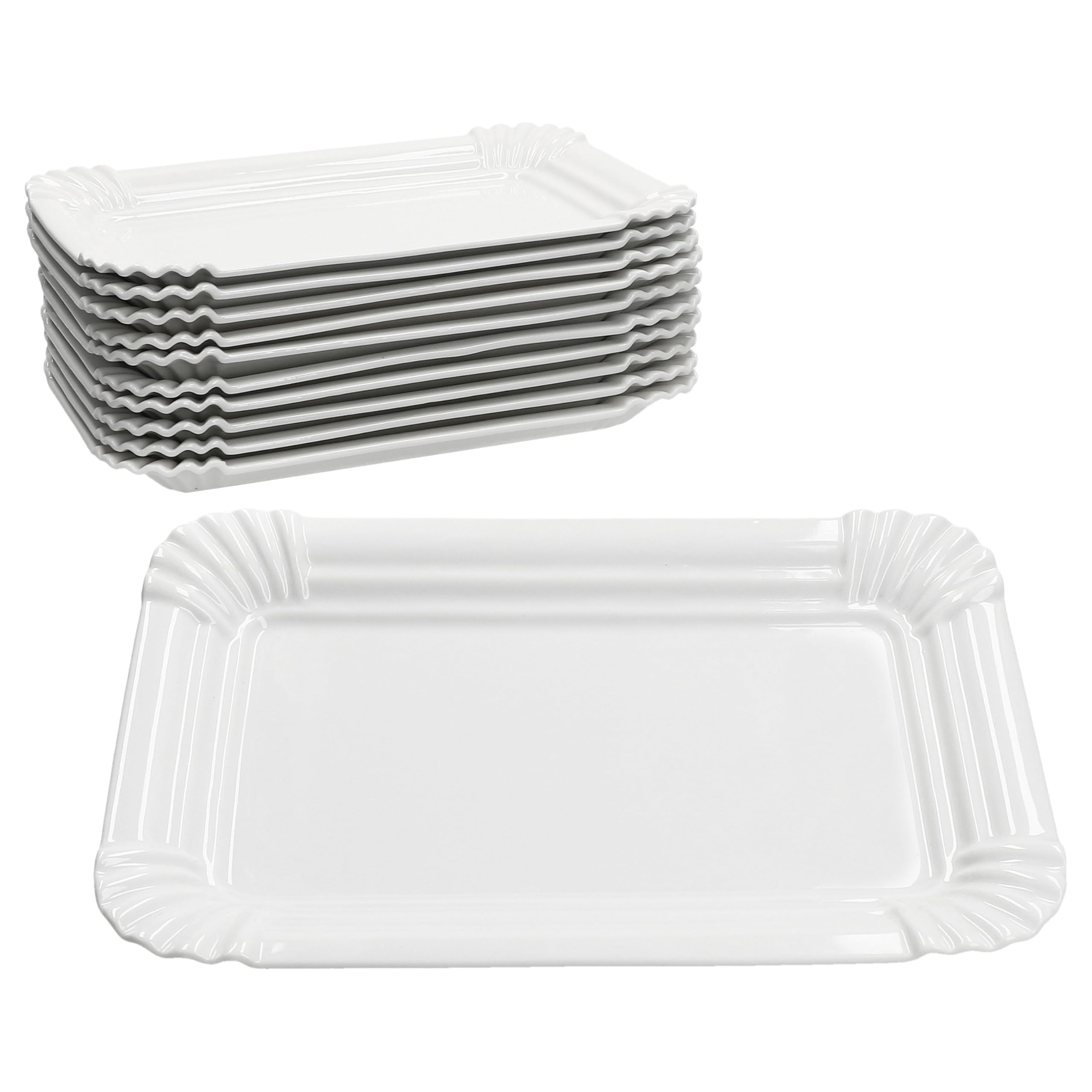 MamboCat 12er Set Pur Pappteller aus Porzellan I (LxB) 24,5x16cm I rechteckige Teller mit Papp-Optik & Relief für Kuchen, Brötchen, Burger & Co I wiederverwendbare Servierteller