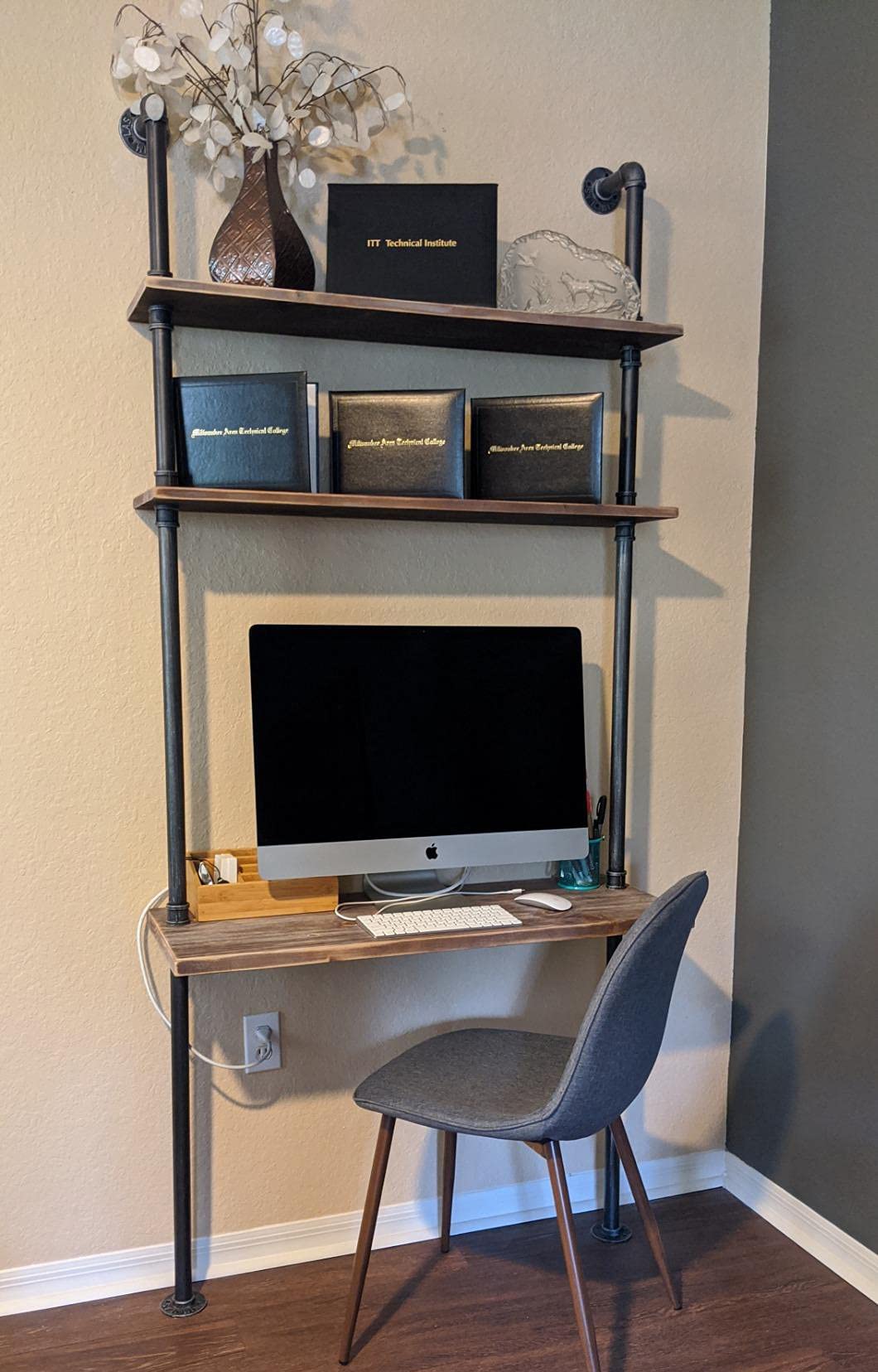 Industrial Style Laptop Desk Solid Wood Computer Desk Storage Table with Shelves Wall Shelf Bookshelf Floating Shelves for Home Office(Gray,Depth 16in)