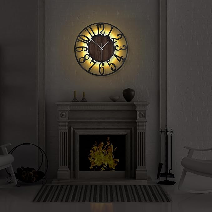 Reloj de Pared Grande 50 cm Luz LED Madera Rústica con Control Remoto miniatura 6