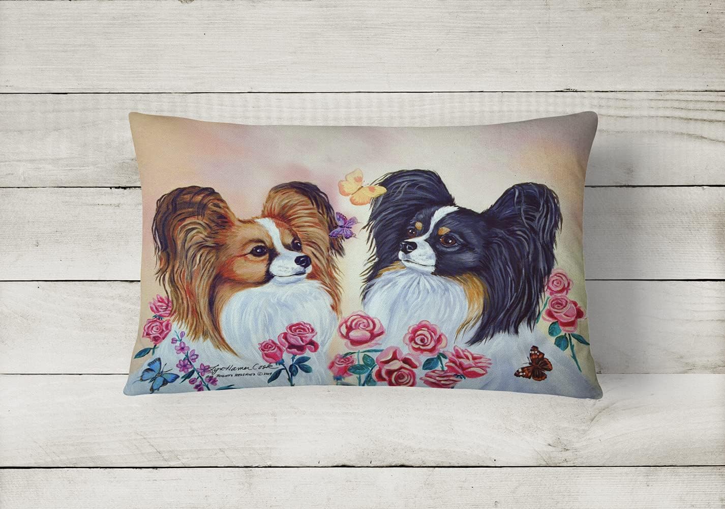 Caroline's Treasures 7272PW1216 Papillon Canvas Fabric Decorative Pillow Machine Washable, Indoor Outdoor Decorative Pillow for Couch, Bed or Patio, 12HX16W