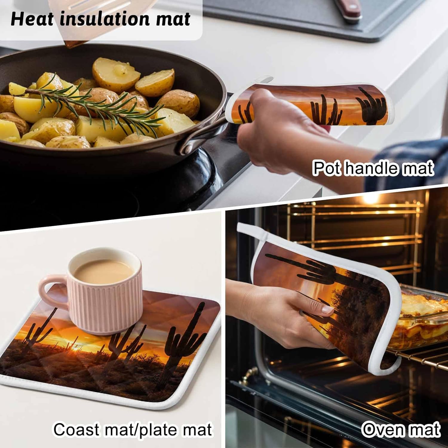 5 Pack Pot Holders for Kitchen, Western Cactus Sunset Hot Pads for Kitchen Countertops Oven Pot Holder Bulk, Modern Abstract Art Retro Heat Insulation Potholders with Hanging Loops