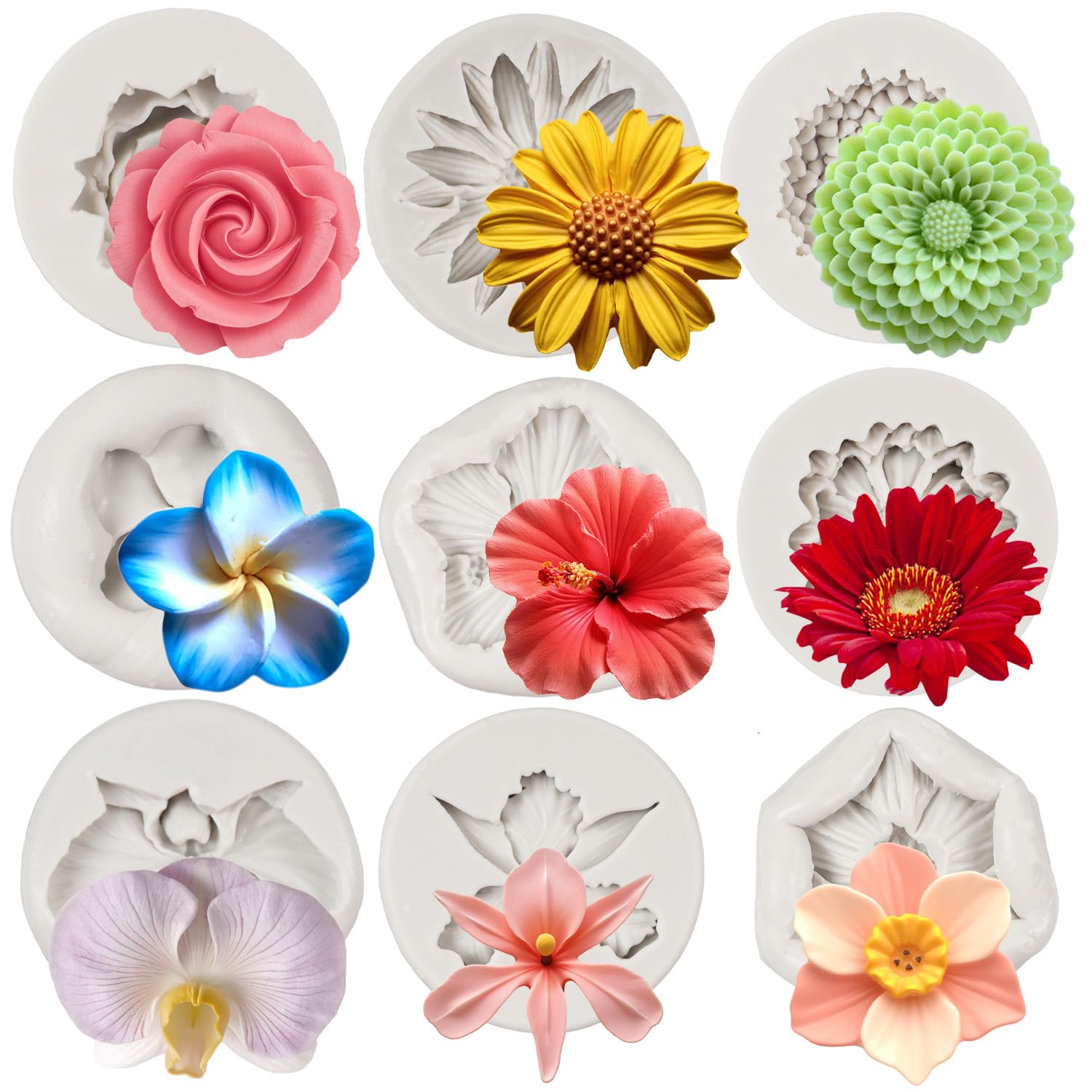 Formy do masy cukrowej, róża, chryzantema, plumeria, zestaw 9 sztuk | Orchidea kwiat hibiskusa czekolada forma cukierków lukier dekoracja ciast topper babeczka polimerowa glina pasta kwiatowa