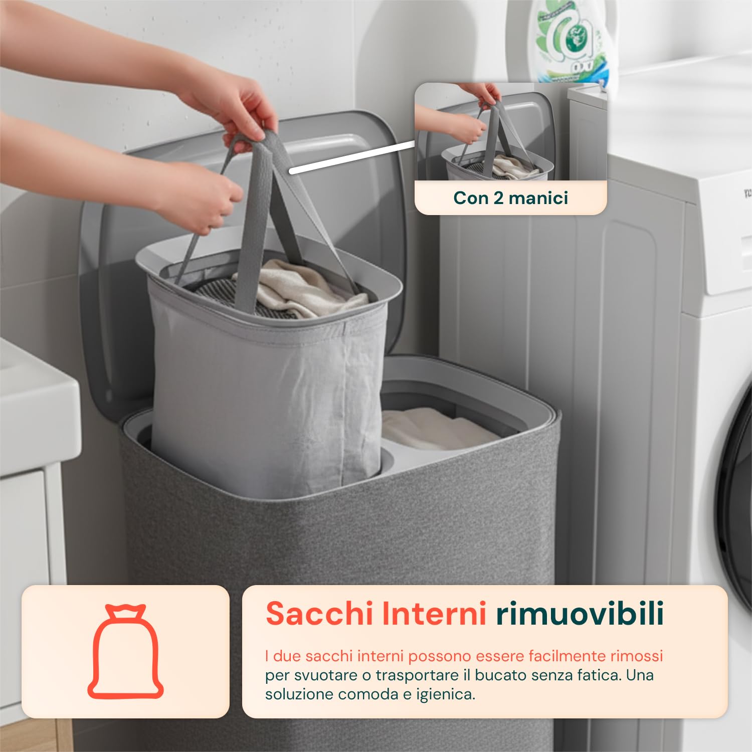 Avilia Cesta para la colada de 90 l con tapa, 2 compartimentos extraíbles y bolsas con asas, separa claros y oscuros, organizador para la colada de baño, lavandería o habitación