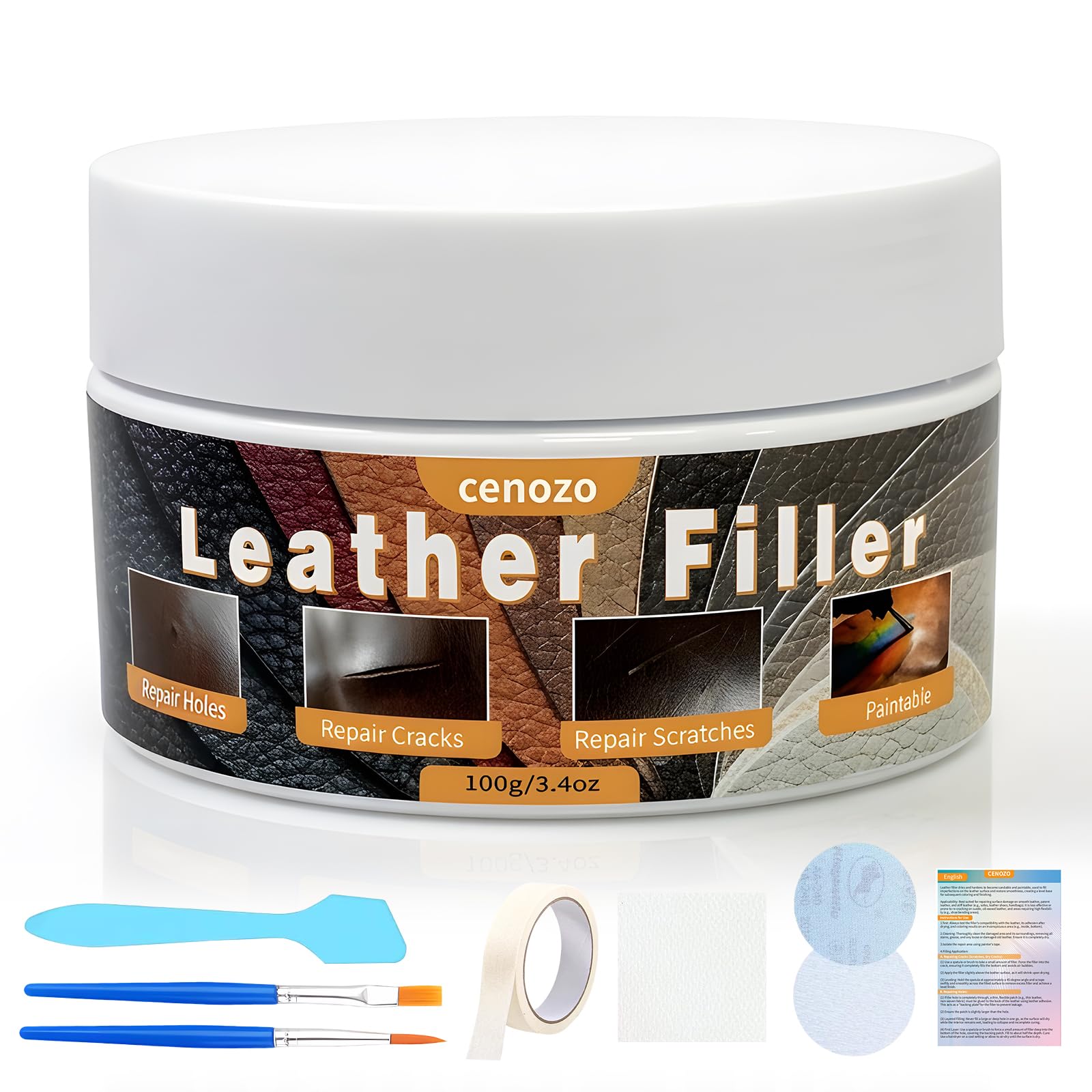 100g Stucco per Riparazione del Cuoio, Ripara Fori, Graffi Profondi e Crepe, Adatto per Divani in Pelle, Ecopelle, Sedili Auto e Borse in Pelle