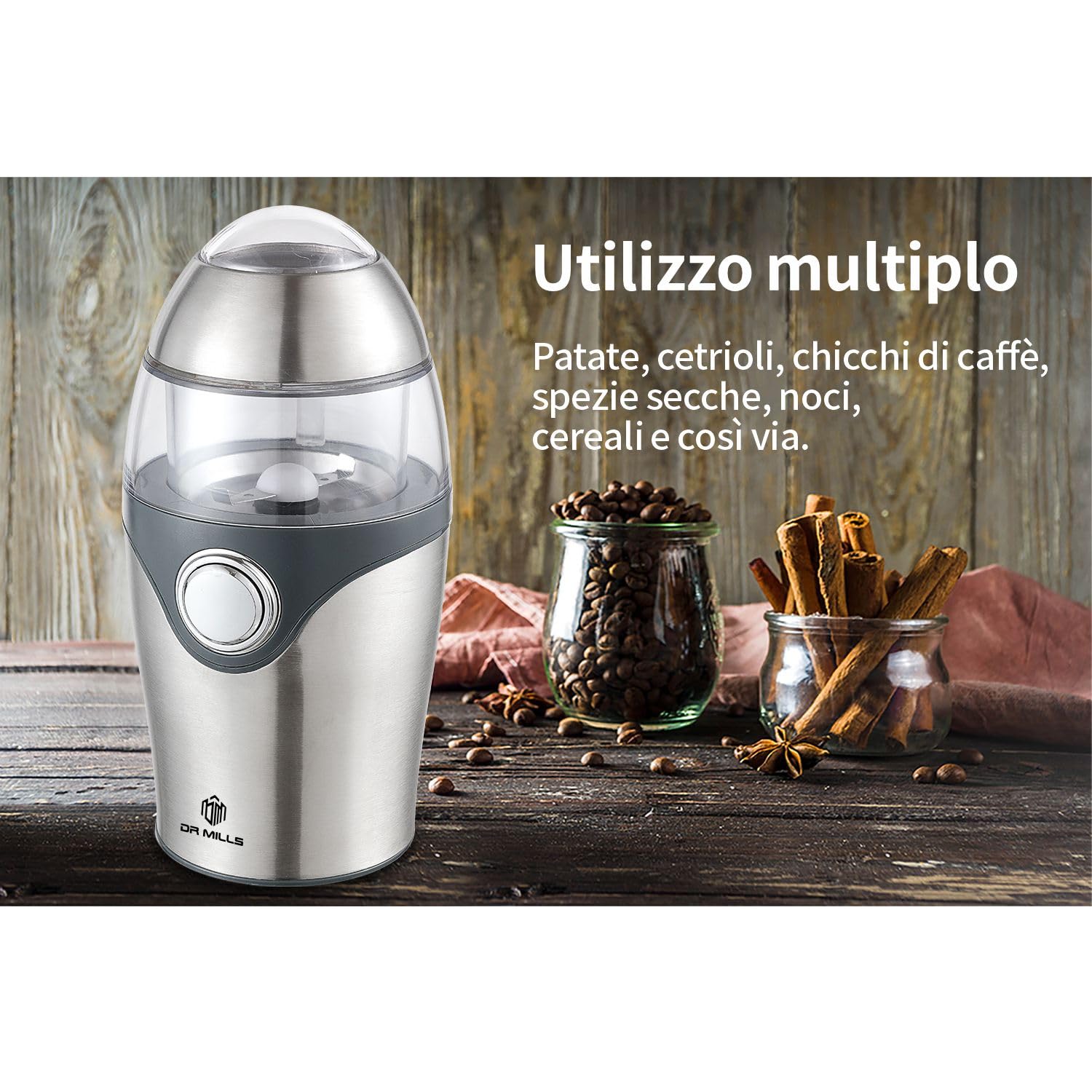 DR MILLS DM-7448 Macinino elettrico per spezie e caffè essiccati, lama, tazza e alloggiamento realizzati in acciaio inossidabile SUS304