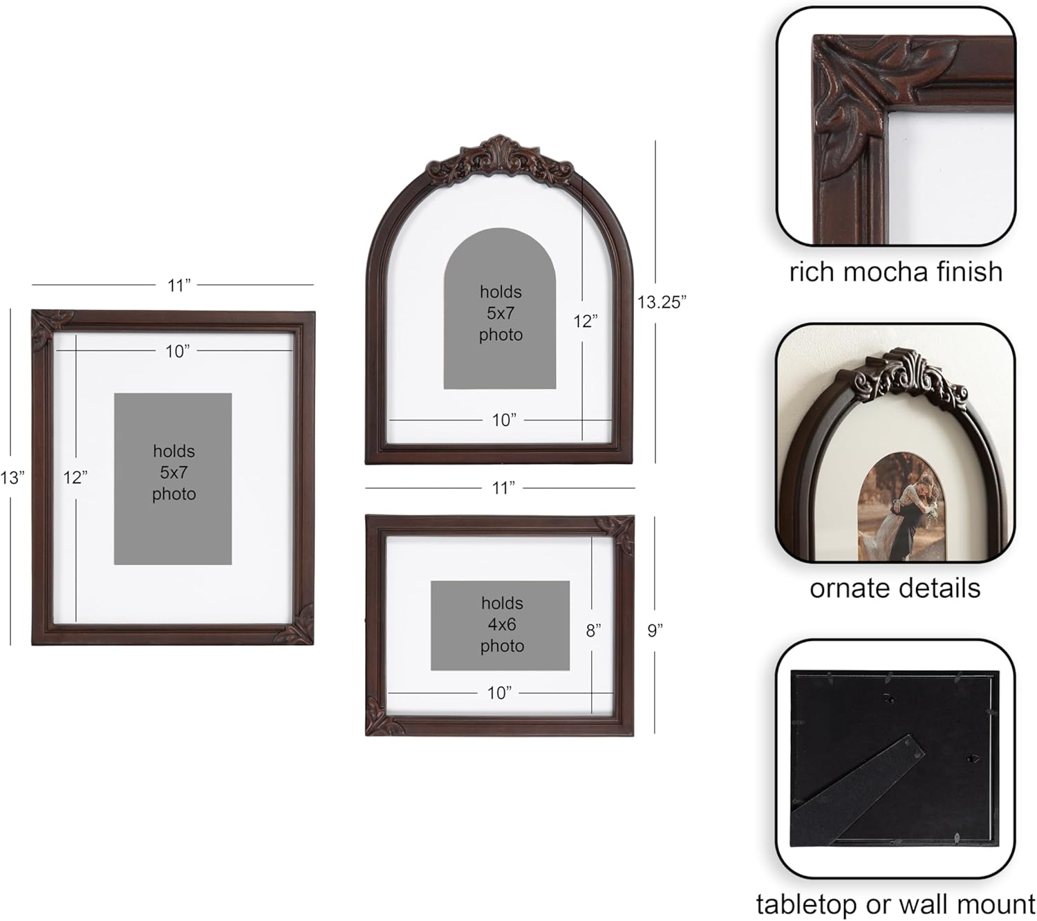 Kate and Laurel Arendahl Three-Piece Picture Frame Set, Dark Brown, Set of 3, Varying Sizes, Vintage Rectangle and Arched Photo Frame Set for Use as Gallery Wall Frames