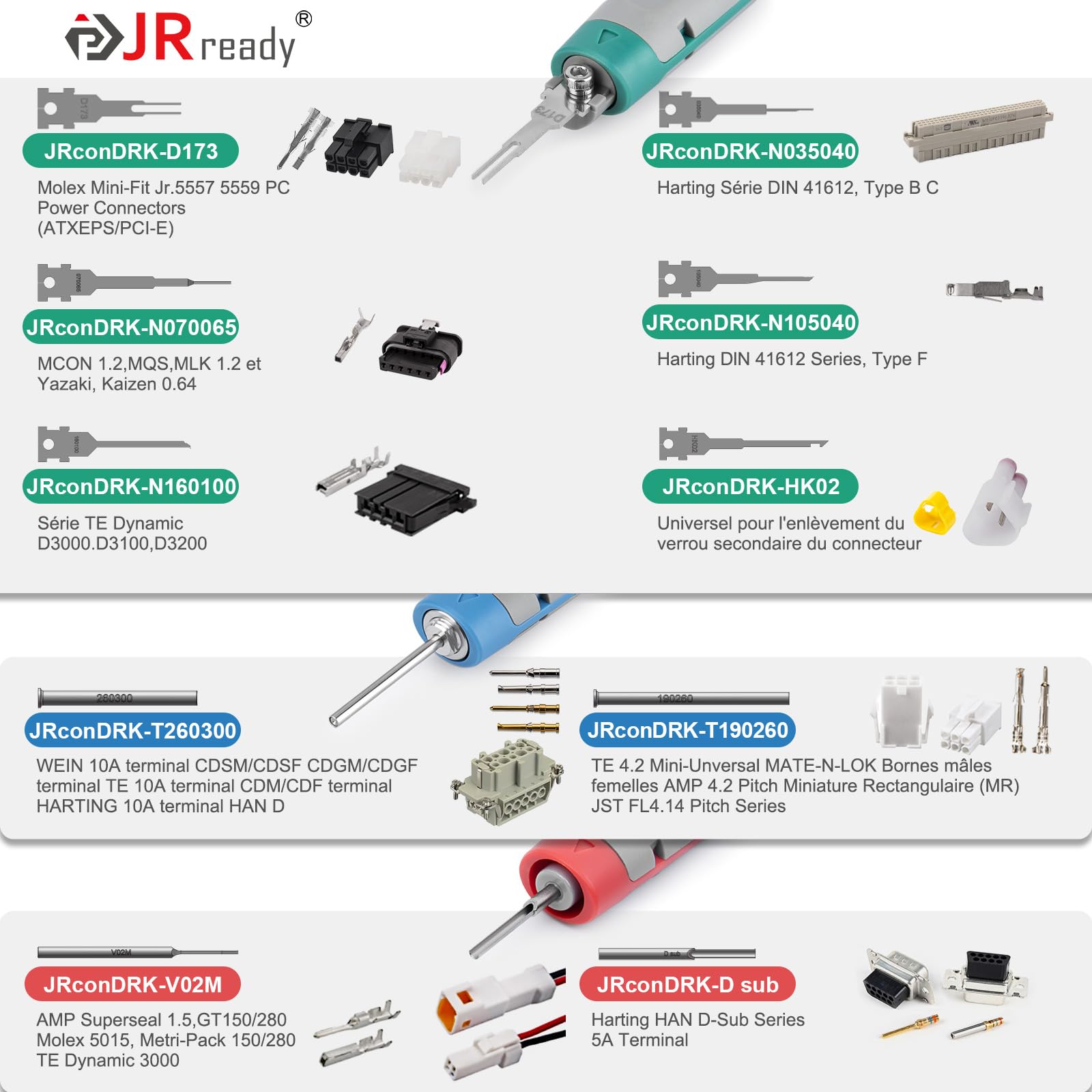 JRready JRconDRK24A10-01 Zestaw narzędzi do usuwania zacisków automatycznych, zestaw narzędzi do usuwania końcówek do urządzeń przemysłowych, kompatybilny z zaciskami serii AMP/Han D/WAIN/Delphi/Molex
