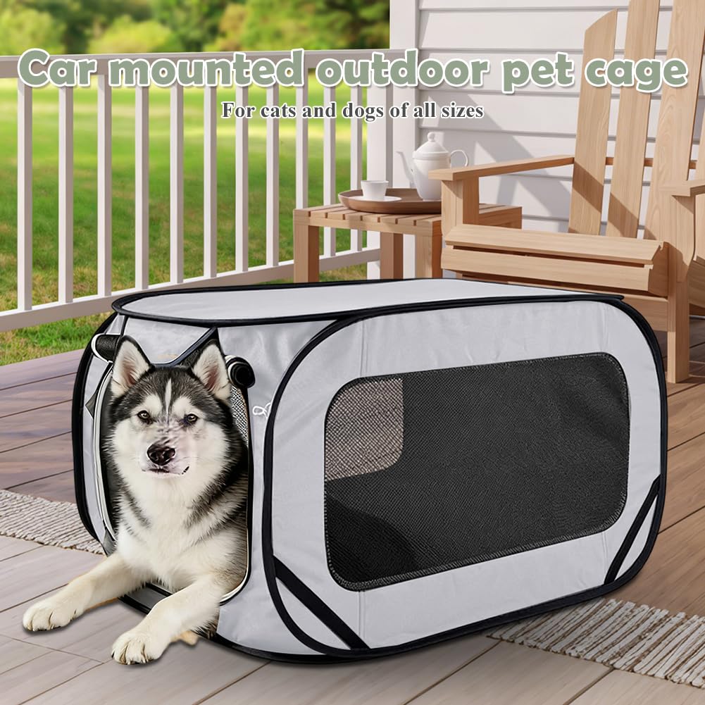 Faltbare Hundebox Auto, Transportbox Hund & Katze bis 29.5 kg (94x53x53 cm), Robuste Hundetransportbox faltbar mit Doppeltüren & Sicherheitsgurt, Tragbarer Rückzugsort für Reisen (Grau)