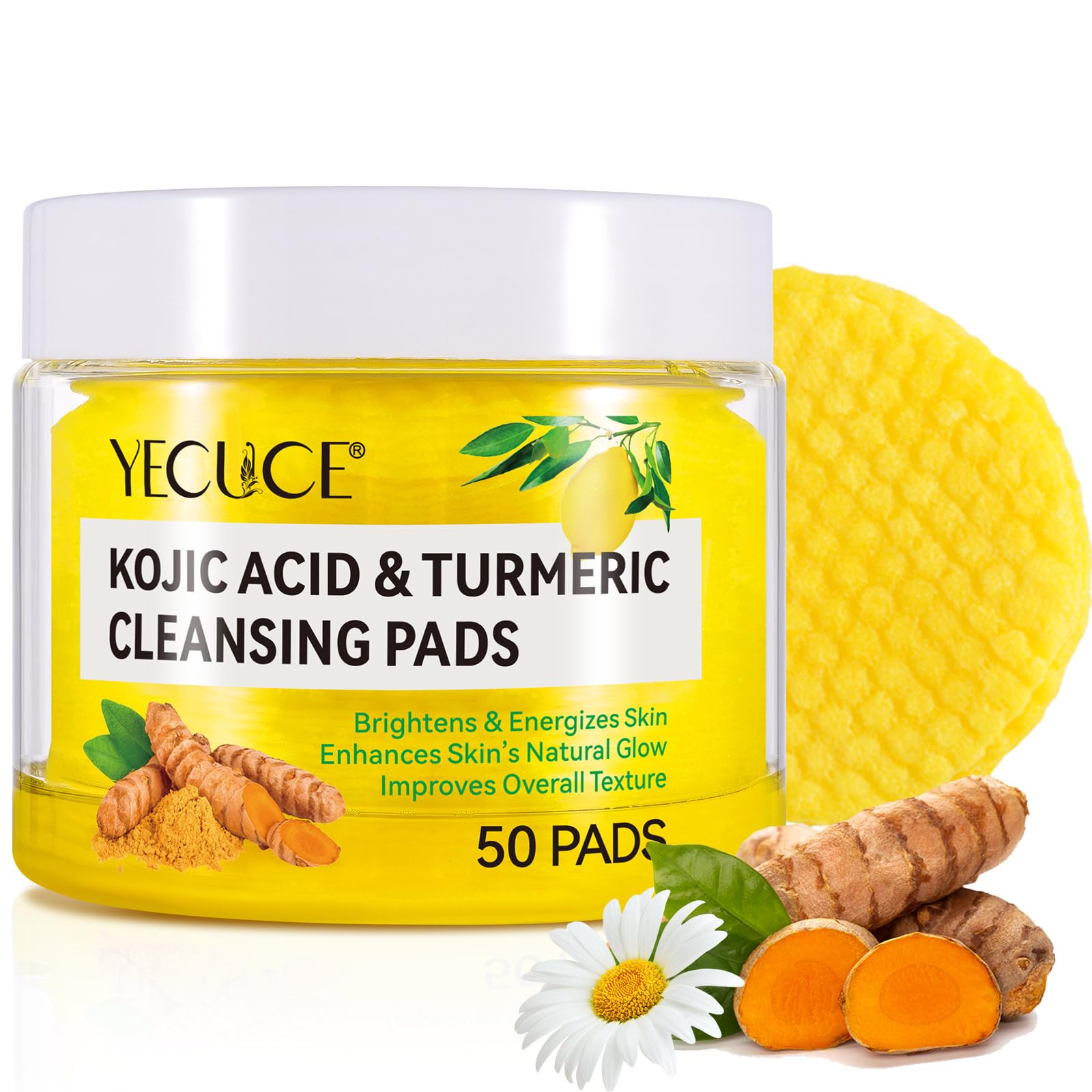 Kojic Turmeric Cleansing Pads-50pcs Turmeric Deep Cleansing Pads,Exfoliating Face Scrub Pads for Oil Makeup Dead Skin Clogged Pores -Alcohol-Free-Gently clean for Sensitive Skin