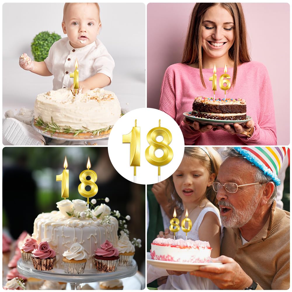 Velas de cumpleaños 18 para pastel, velas de cumpleaños doradas, velas número 18, velas de cumpleaños con números, vela de pastel de feliz cumpleaños para decoraciones de aniversario de 18, 8, primer