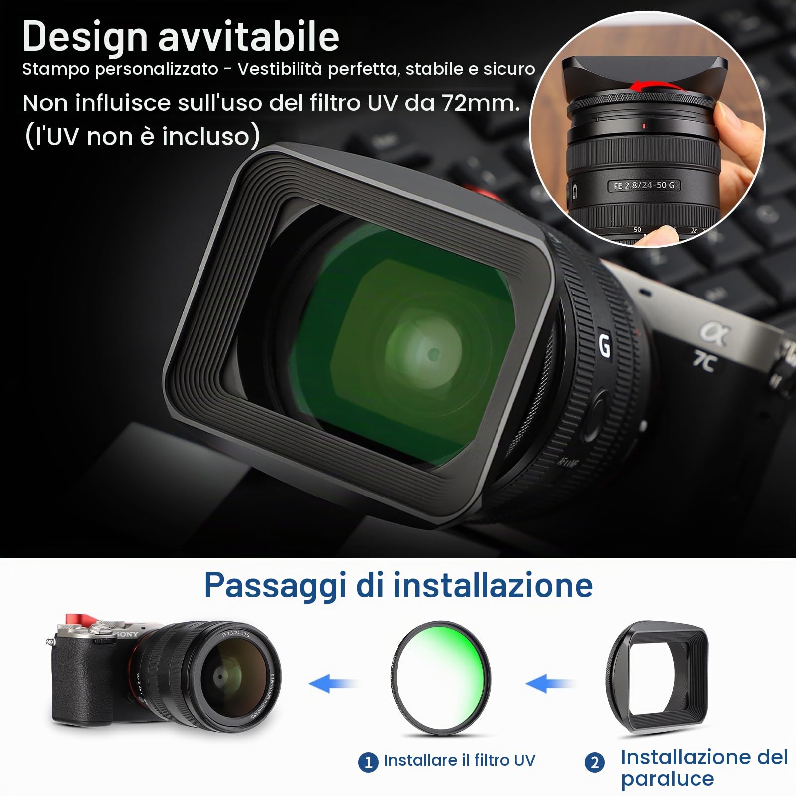 Haoge LH-B72T - Paraluce quadrato da 72mm, in metallo, con tappo a vite, per obiettivi Canon Nikon Sony Leica Carl Zeiss Voigtlander Nikkor Fujifilm e altri obiettivi con filettatura da 72mm
