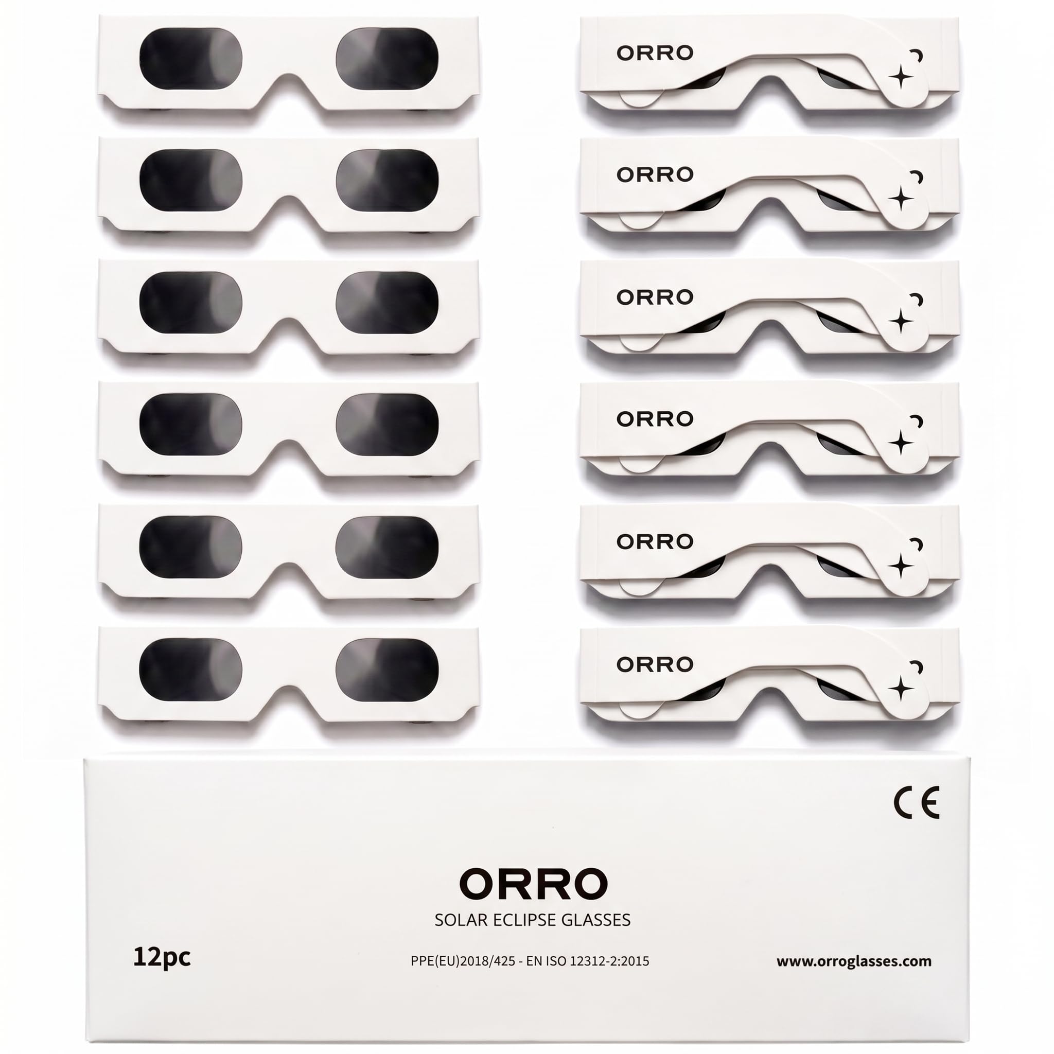 ORRO Sonnenfinsternis-Brillen 40 mm, 2er-/6er-/12er-Pack, Weiß, Zertifizierter Augenschutz, EN ISO 12312-2:2015 geprüft, CE-gekennzeichnet für direkte Sonnenbeobachtung – Moderne Passform