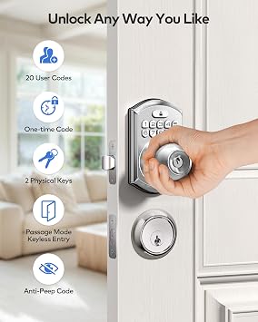 TEEHO TE003 Keyless Entry Keypad Door Lock with Handle, Electronic Digital Smart Locks for Front Door, Smart Door Knob with Code for Bedroom, Auto Lock, Passage Mode, Easy to Install, Satin Nickel