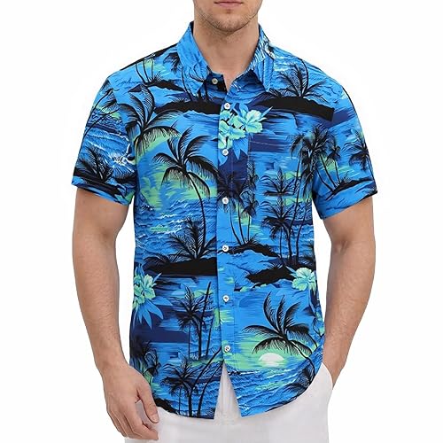 Mens Hawaiian Shirts Tops Short Sleeve Floral Button Down Beach