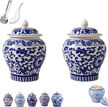 2 Pcs Chinoiserie Blue and White Porcelain Mini Ginger Jar with Lid Ancient Chinese, Dustproof & Waterproof, Suitable for Storing Tea, Ginger, Spices, and As A Decorative Vase C