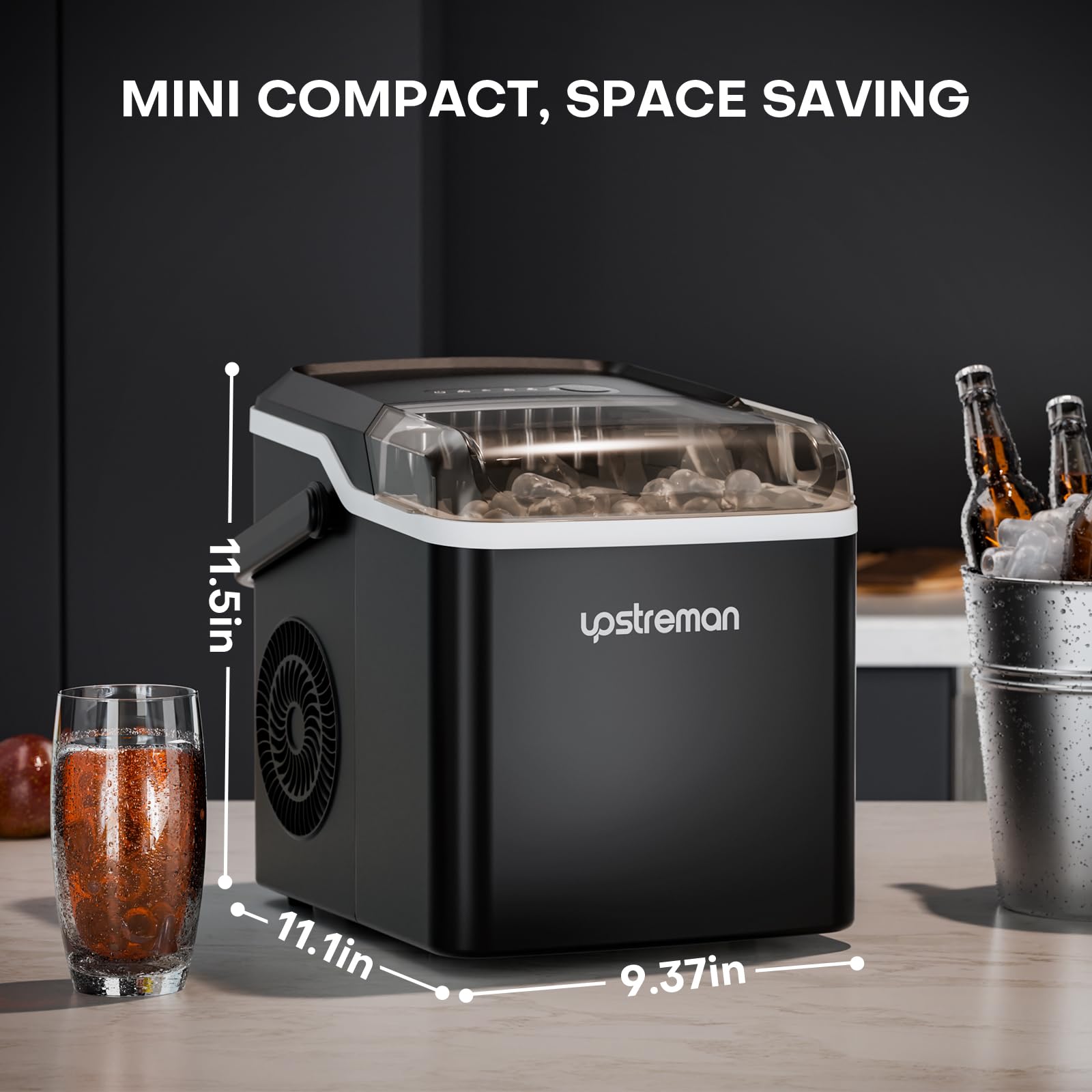 Upstreman Y90 Countertop Ice Maker, Self-Cleaning Ice Cube Maker Machine, Max 26lbs/Day, 9 Ice Cubes Ready In 6 Mins, Portable Bullet Ice Maker For Home, Kitchen, Office, Party on Fridge.com - View 2
