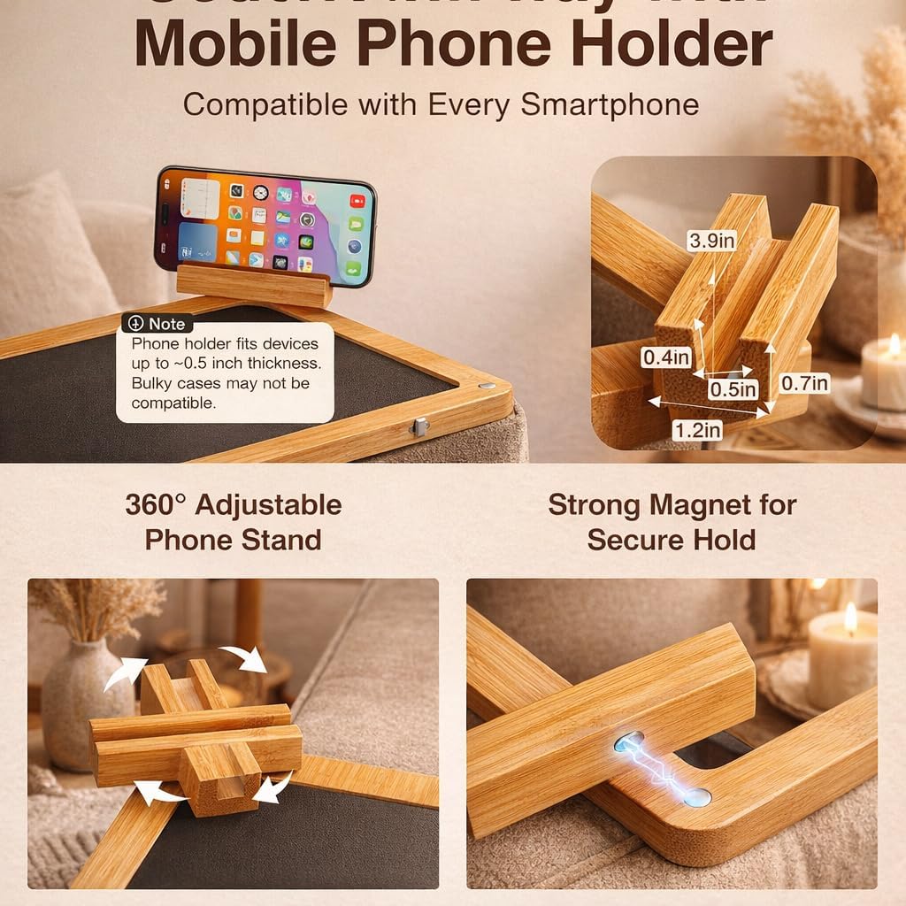 Couch Arm Tray Table with Adjustable Legs – Bamboo Sofa Arm Tray with Removable Phone Holder & Non-Slip Mat – Couch Armrest Table for Drinks, Snacks & Remote – Fits Sofa Arms up to 8.8"
