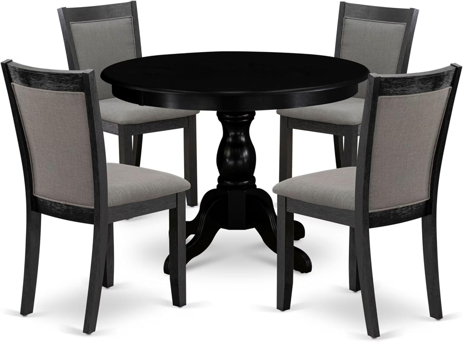East West Furniture HBMZ5-AB6-50 5 Piece Dinette Set Includes a Round Dining Table with Pedestal and 4 Dark Gotham Grey Linen Fabric Parson Dining Room Chairs, 42x42 Inch, Wirebrushed Black