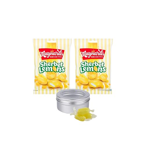 Maynards Sherbet Lemons Sweets x 2 Bags x 162g (324g) Bundle with TinTastic Silver Refillable Window Lid Travel Tin