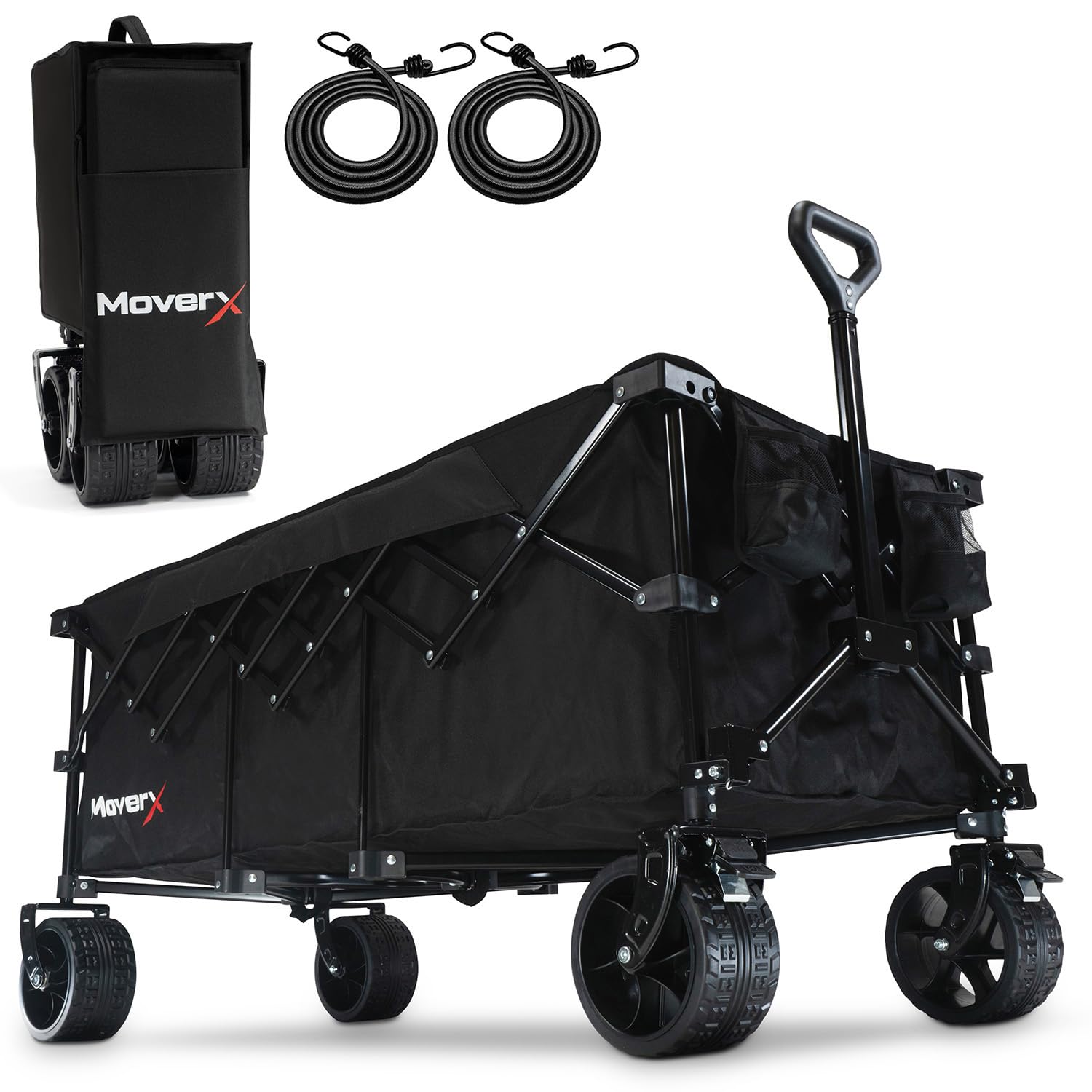 MoverX 300L Festival Trolley on Wheels, Folding Wagon, Portable Camping Cart, Collapsible Foldable Trolly for Beach Outdoor Garden Picnic Shopping Fishing, Wide Wheels, Adjustable Handl, Black