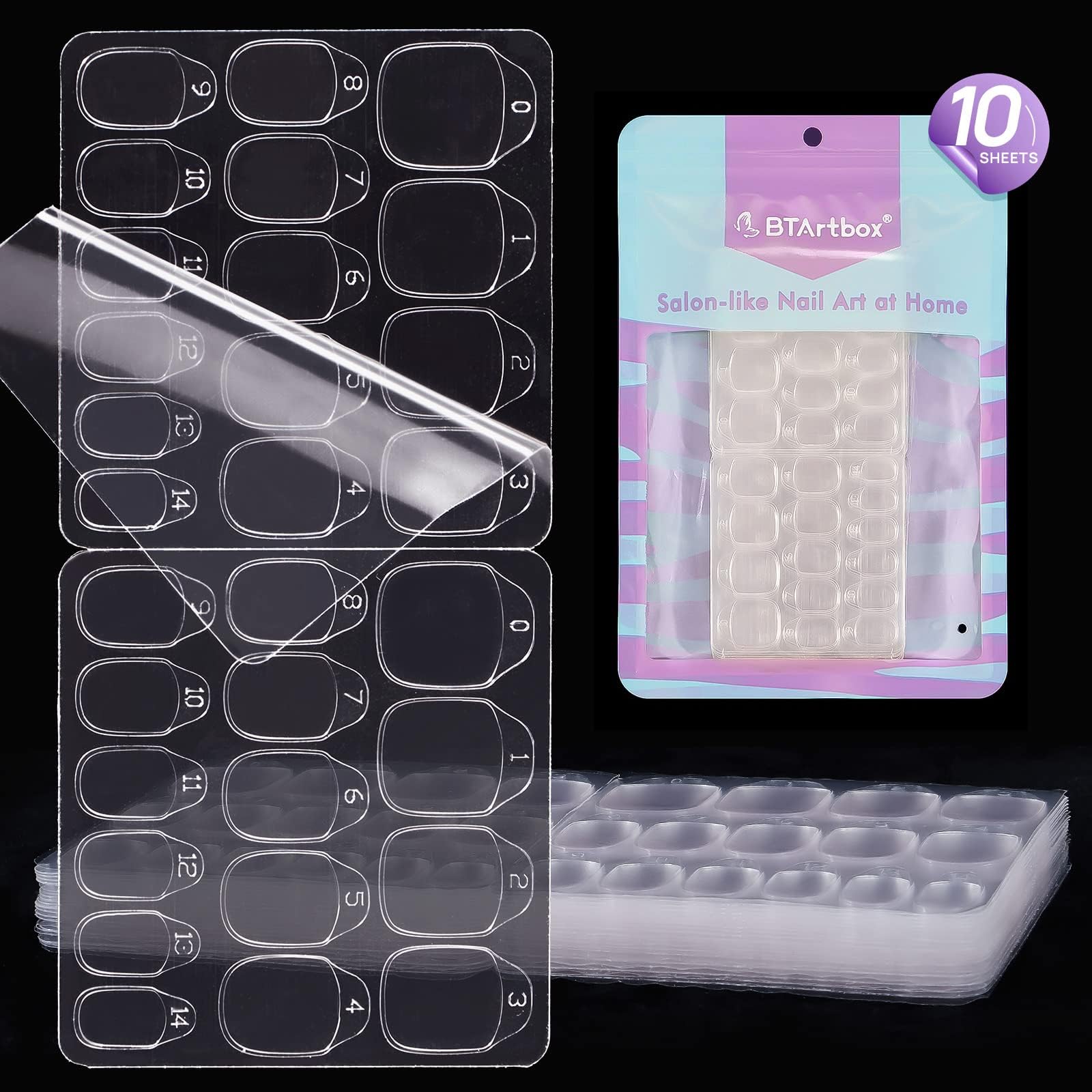 Adhesive Nail Tabs for Press On Nails - 300PCS BTArtbox Ultra Thin & Waterproof False Nail Sticky Tabs for Fake Nails in 15 Sizes, 10 Sheets Double Sided Jelly Nail Adhesive Stickers for Manicure