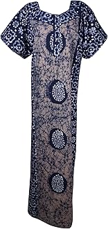 Image of Mogul Interior Blue Cotton Caftan Nightgown Kaftan Short Sleeves Cotton Maxi Dress XL